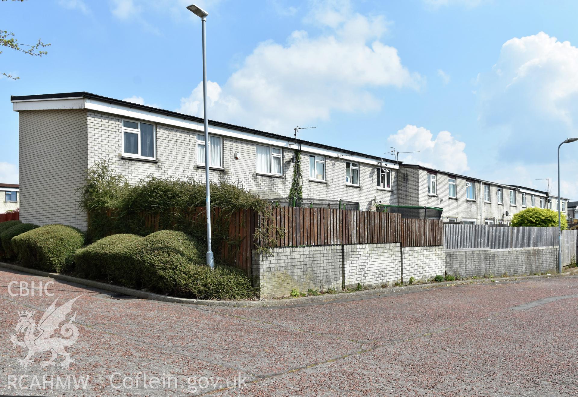 Cwmbran Development Corporation housing at Hasocks Lea in the Fairwater Neighbourhood of Cwmbran, photographed by Susan Fielding of RCAHMW on 1 May 2021.