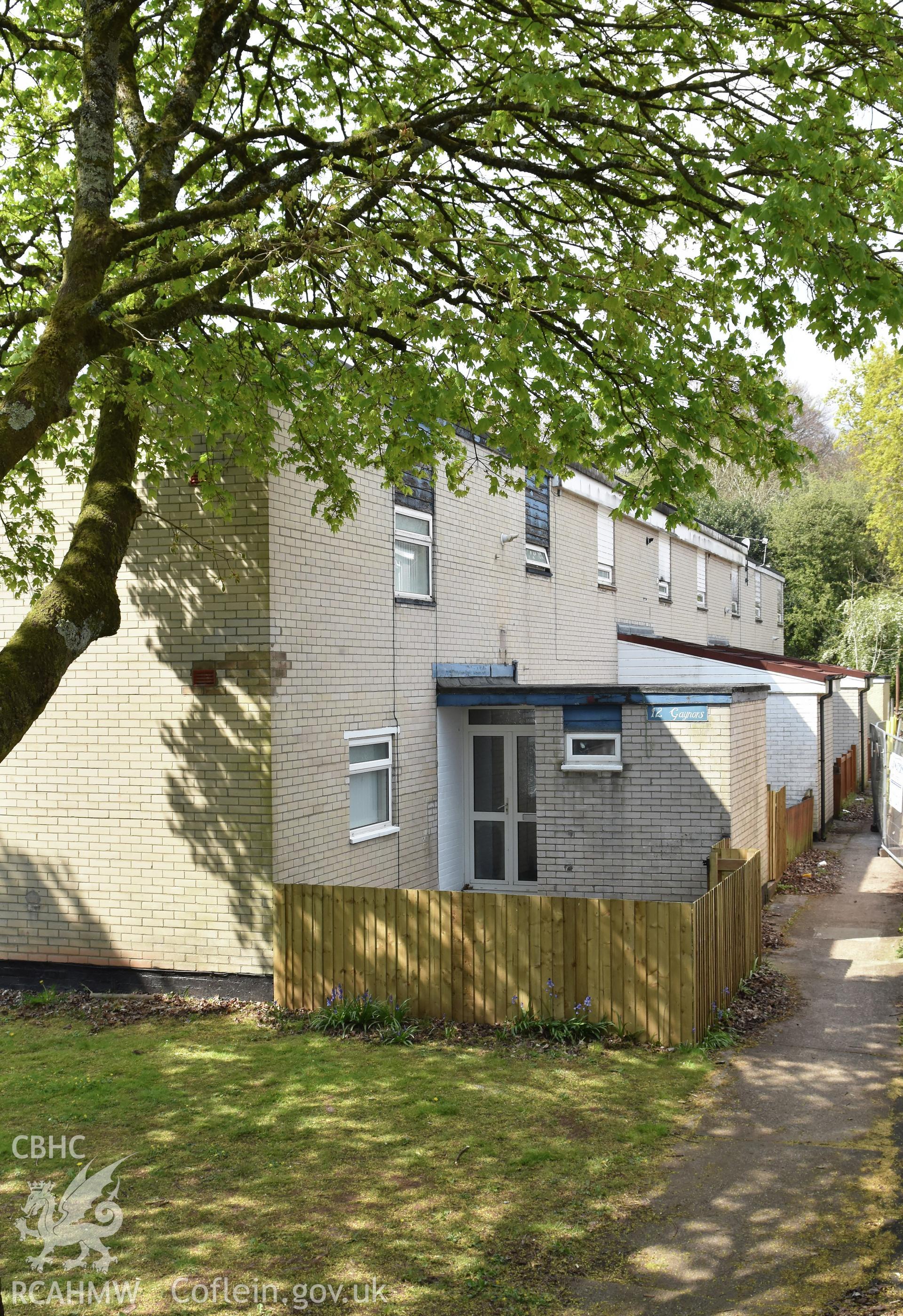 Cwmbran Development Corporation housing at Hasocks Lea in the Fairwater Neighbourhood of Cwmbran, photographed by Susan Fielding of RCAHMW on 1 May 2021.
