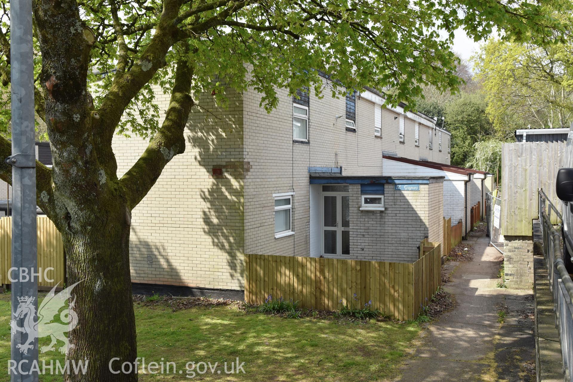 Cwmbran Development Corporation housing at Hasocks Lea in the Fairwater Neighbourhood of Cwmbran, photographed by Susan Fielding of RCAHMW on 1 May 2021.