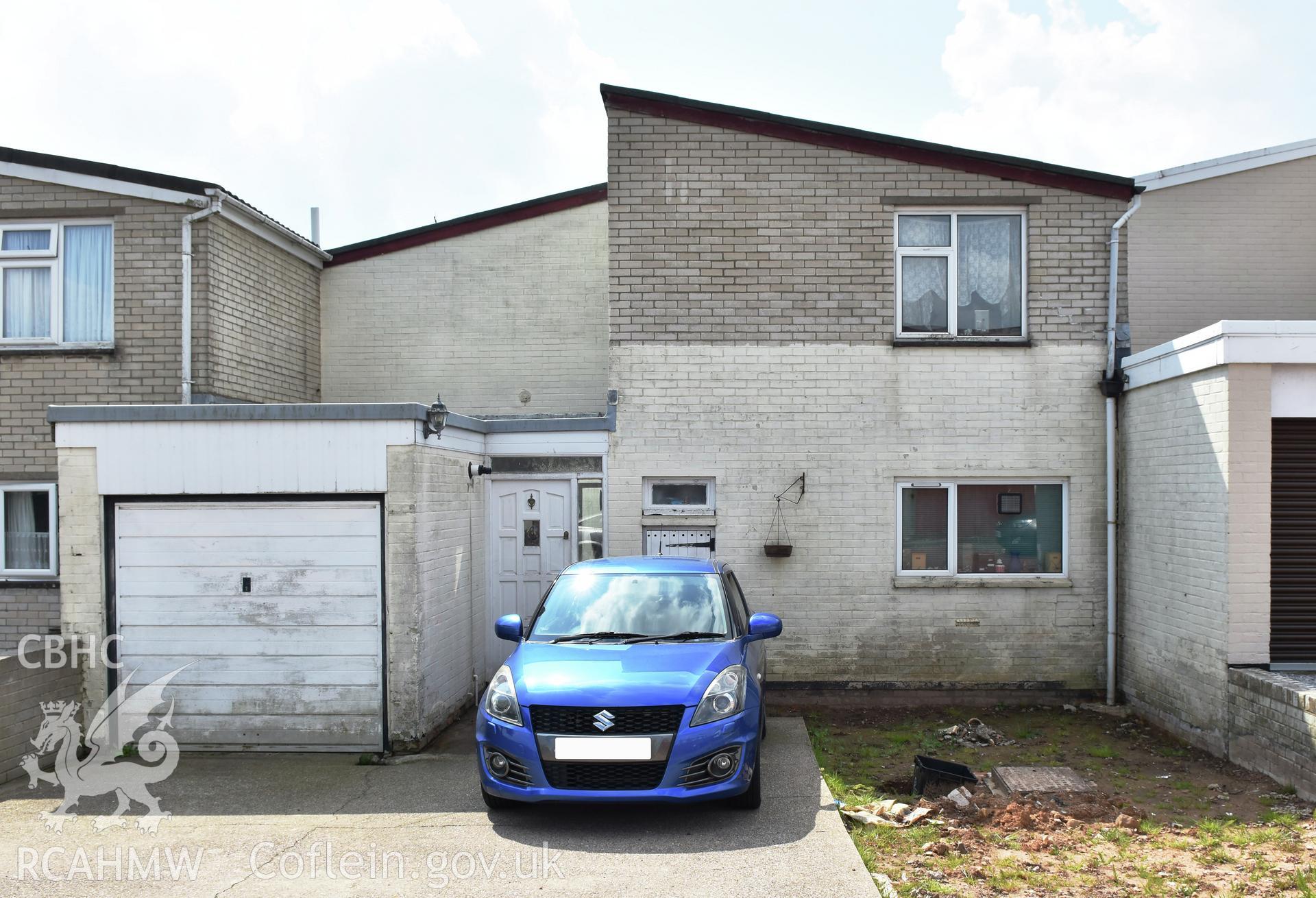 Exterior view showing rear elevation of Cwmbran Development Corporation housing at Jule Road in the Fairwater Neighbourhood of Cwmbran, photographed by Susan Fielding of RCAHMW on 1 May 2021.