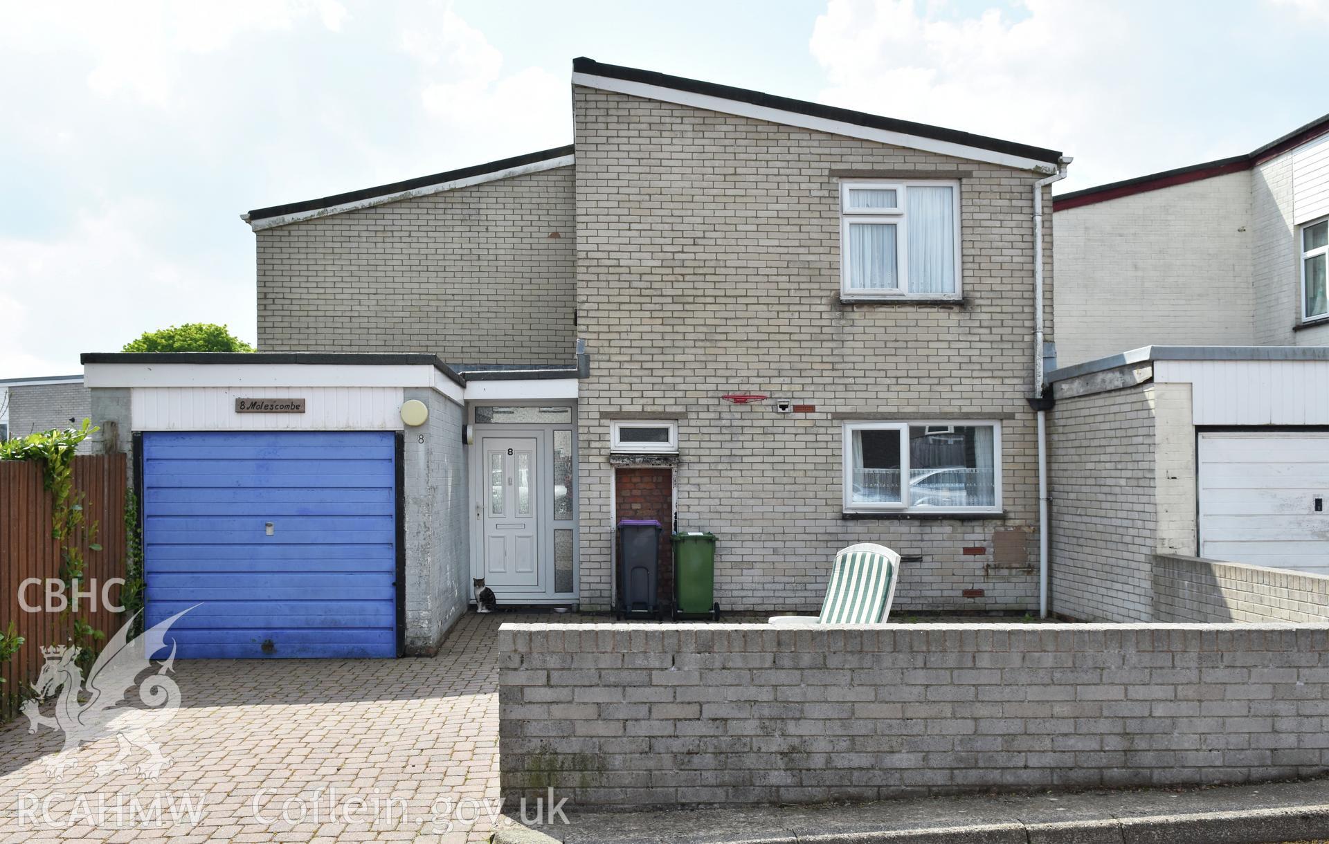 Exterior view showing rear elevation of Cwmbran Development Corporation housing at Jule Road in the Fairwater Neighbourhood of Cwmbran, photographed by Susan Fielding of RCAHMW on 1 May 2021.