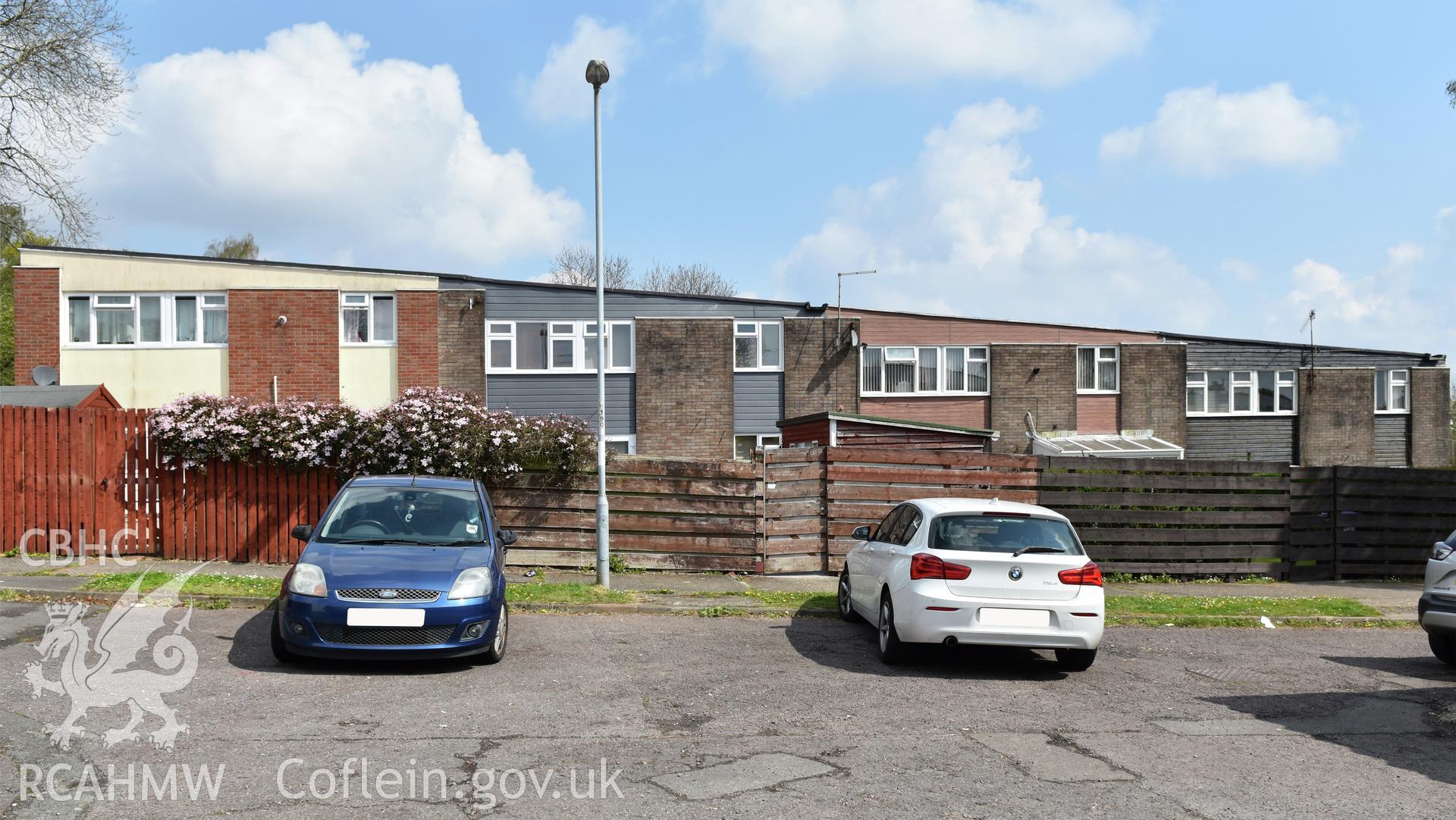 Terraced housing at the Fairhill Estate in the Fairwater Neighbourhood of Cwmbran, photographed by Susan Fielding of RCAHMW on 1 May 2021.