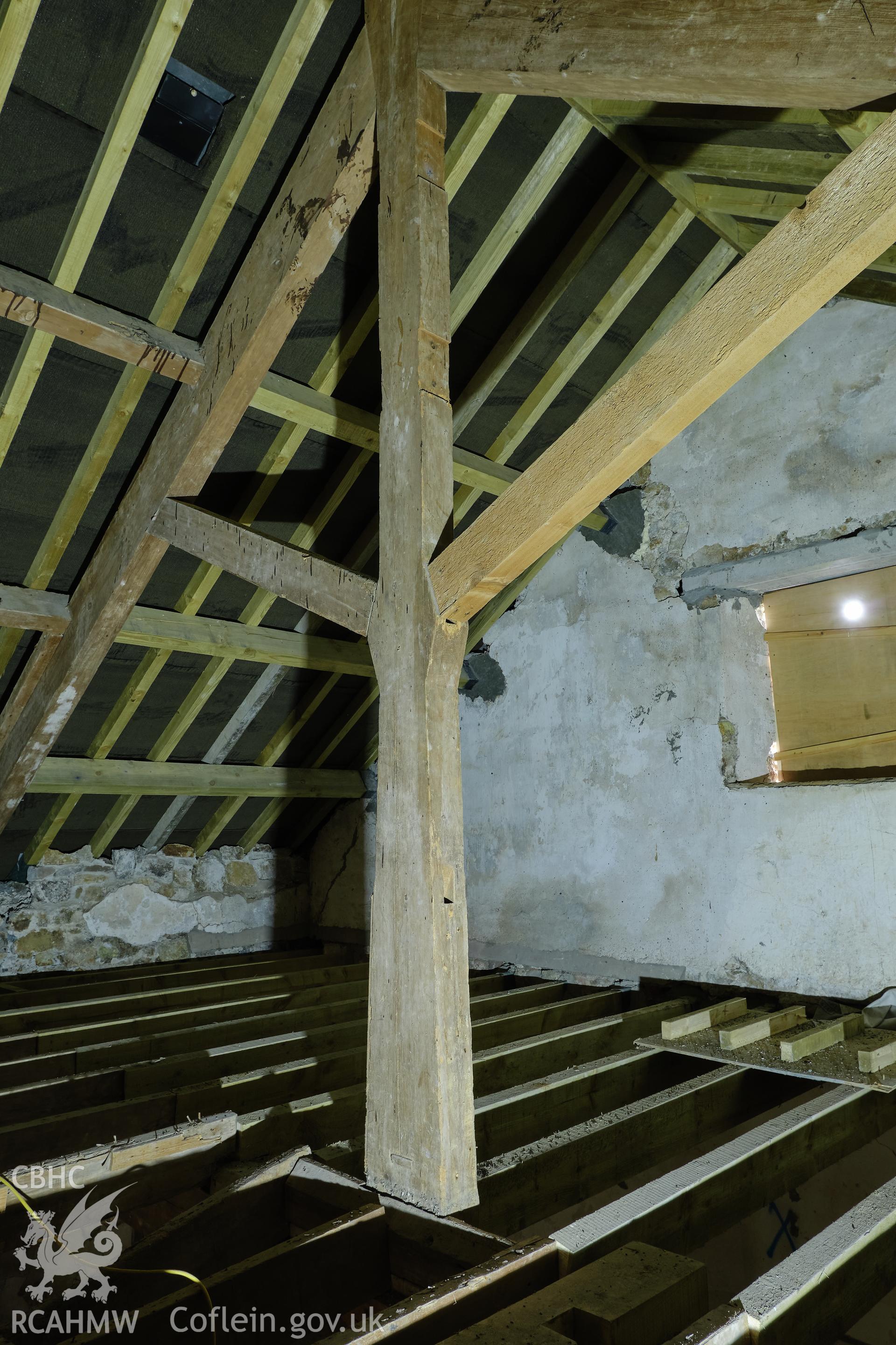 Colour photograph showing Blackpool Mill - attic roof truss, looking N. Produced as part of Historic Building Recording for Blackpool Mill, carried out by Richard Hayman, June 2021.