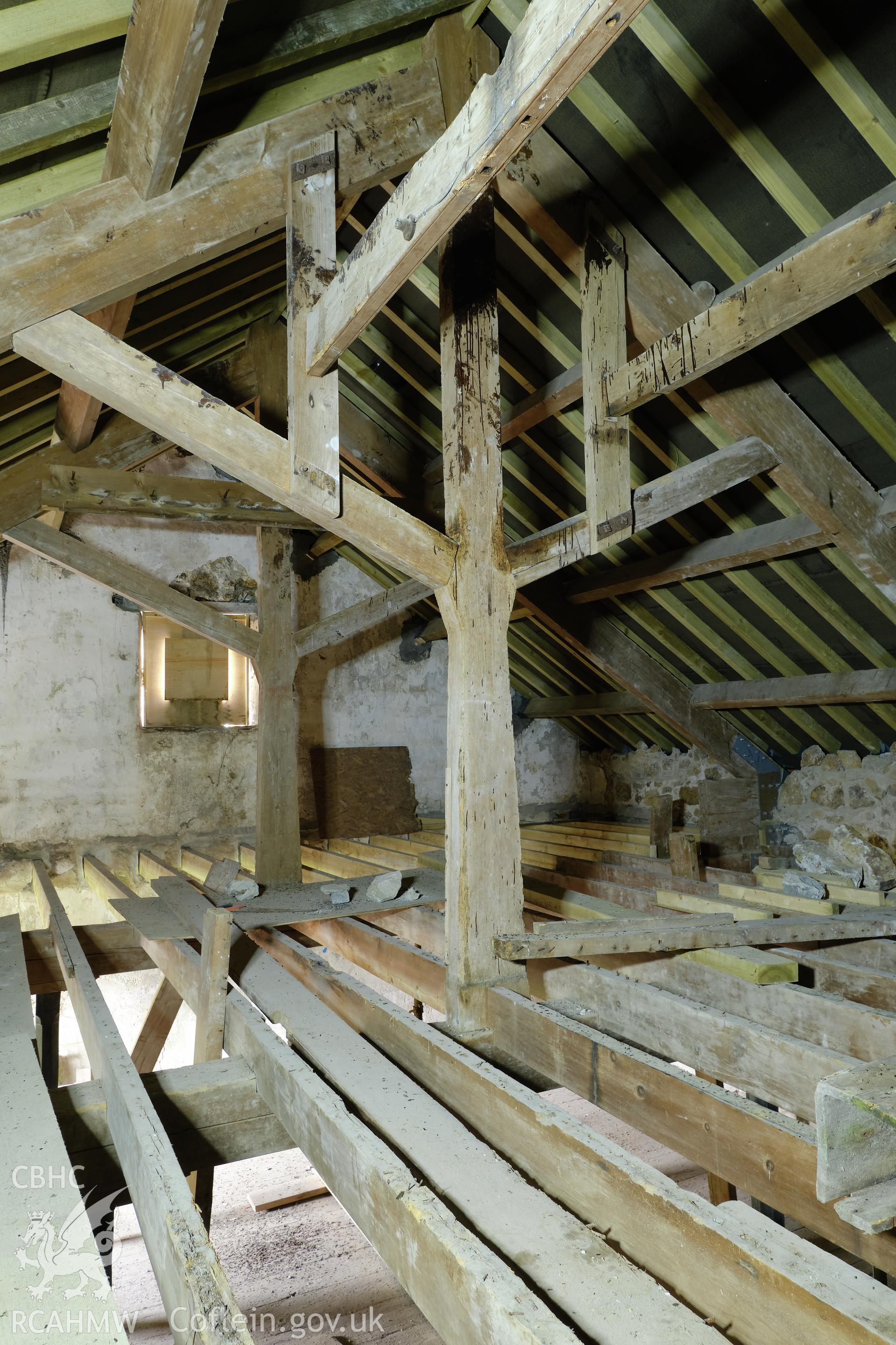 Colour photograph showing Blackpool Mill - attic, looking SW. Produced as part of Historic Building Recording for Blackpool Mill, carried out by Richard Hayman, June 2021.