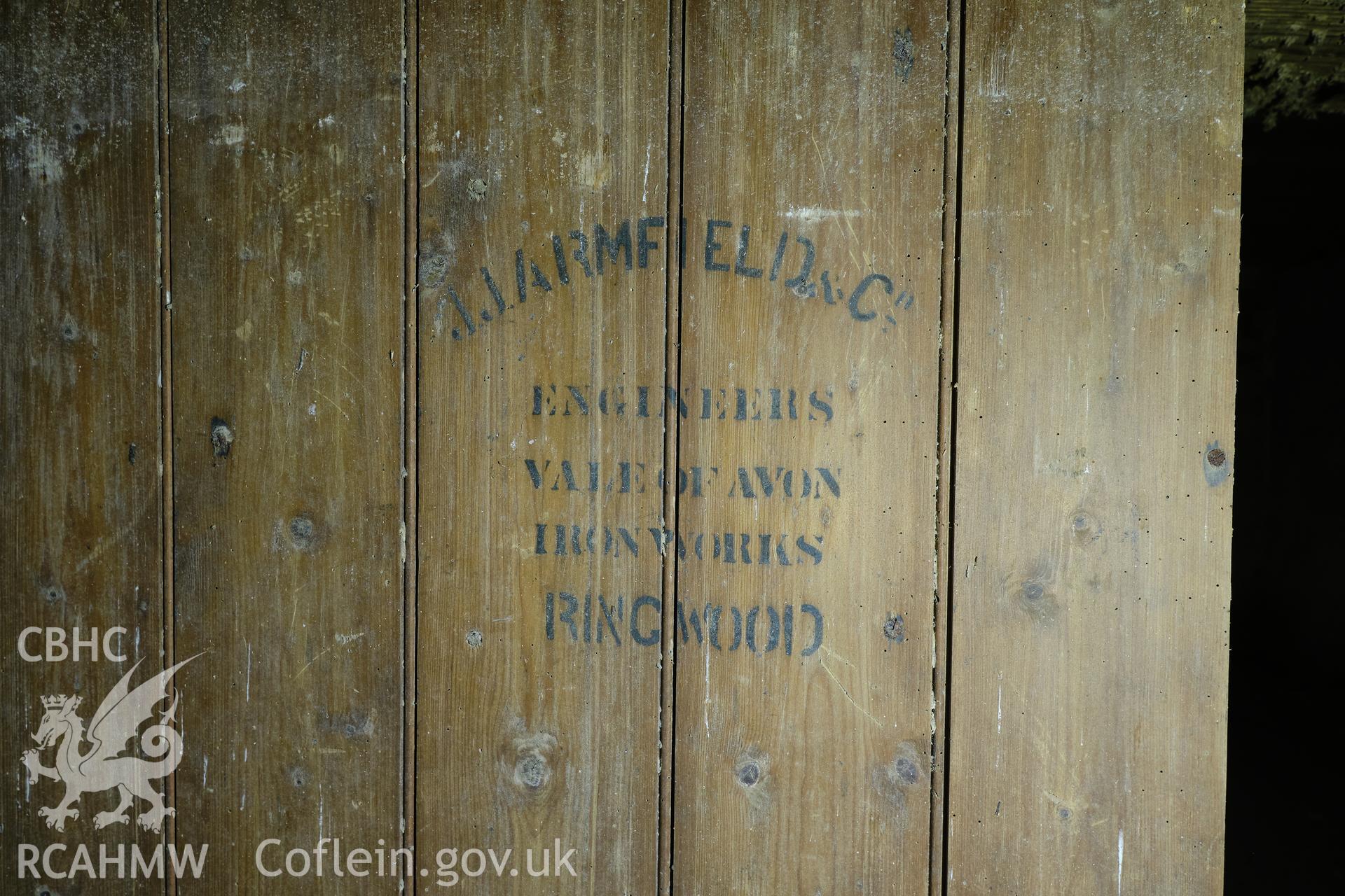 Colour photograph showing Blackpool Mill - 3rd floor, 'Armfield' name stamped on separator. Produced as part of Historic Building Recording for Blackpool Mill, carried out by Richard Hayman, June 2021.