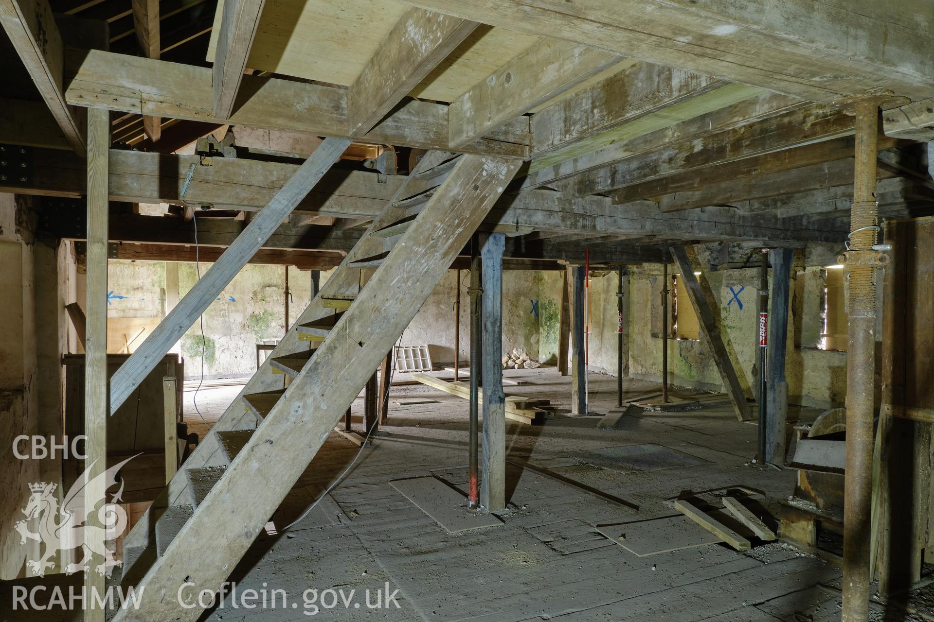 Colour photograph showing Blackpool Mill - 3rd floor, looking W. Produced as part of Historic Building Recording for Blackpool Mill, carried out by Richard Hayman, June 2021.