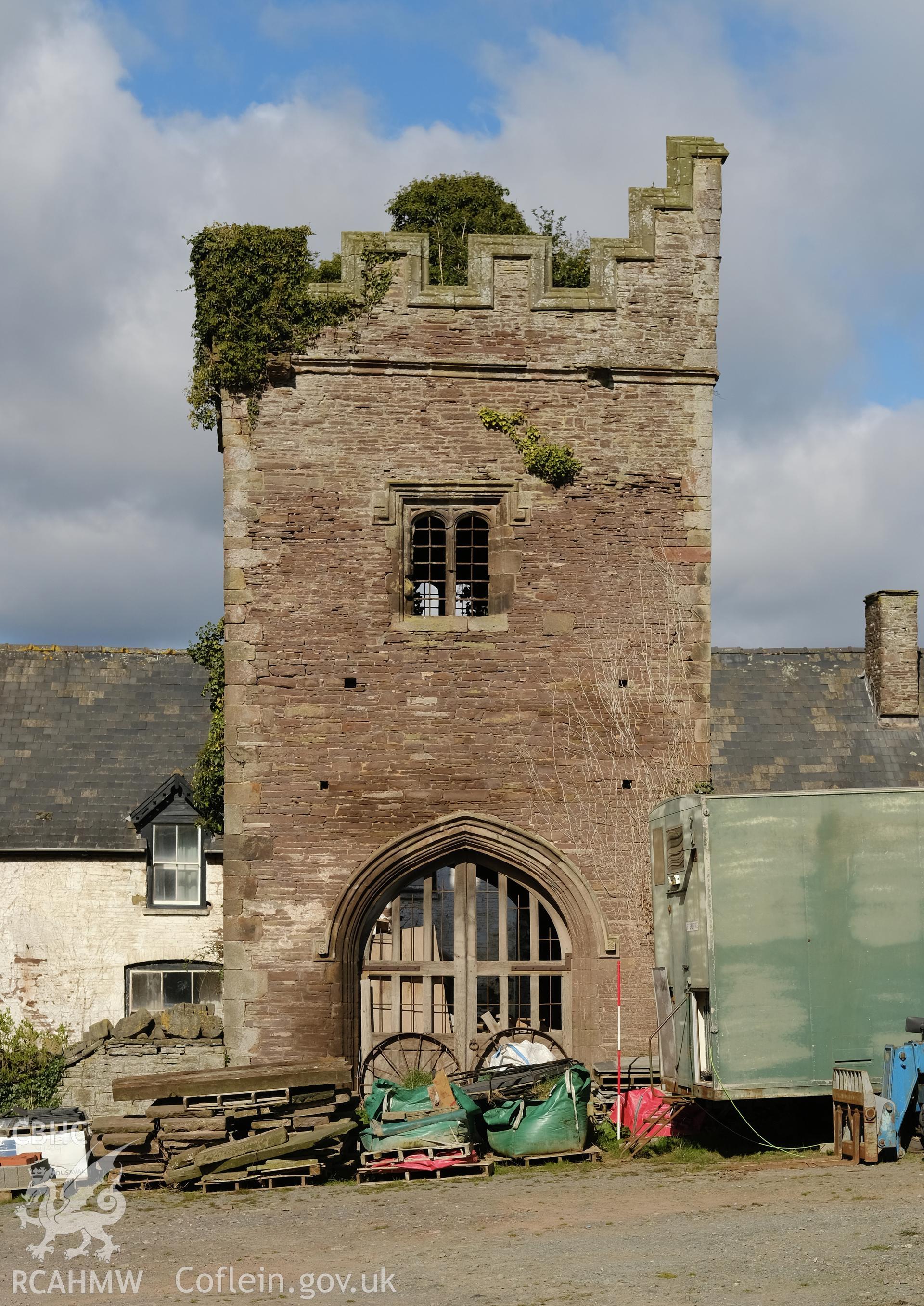 Colour photograph showing Great Porthmel Gatehouse - SE front, looking NW. Produced as part of Historic Building Recording for Great Porthamel Gatehouse, carried out by Richard Hayman, April 2021.