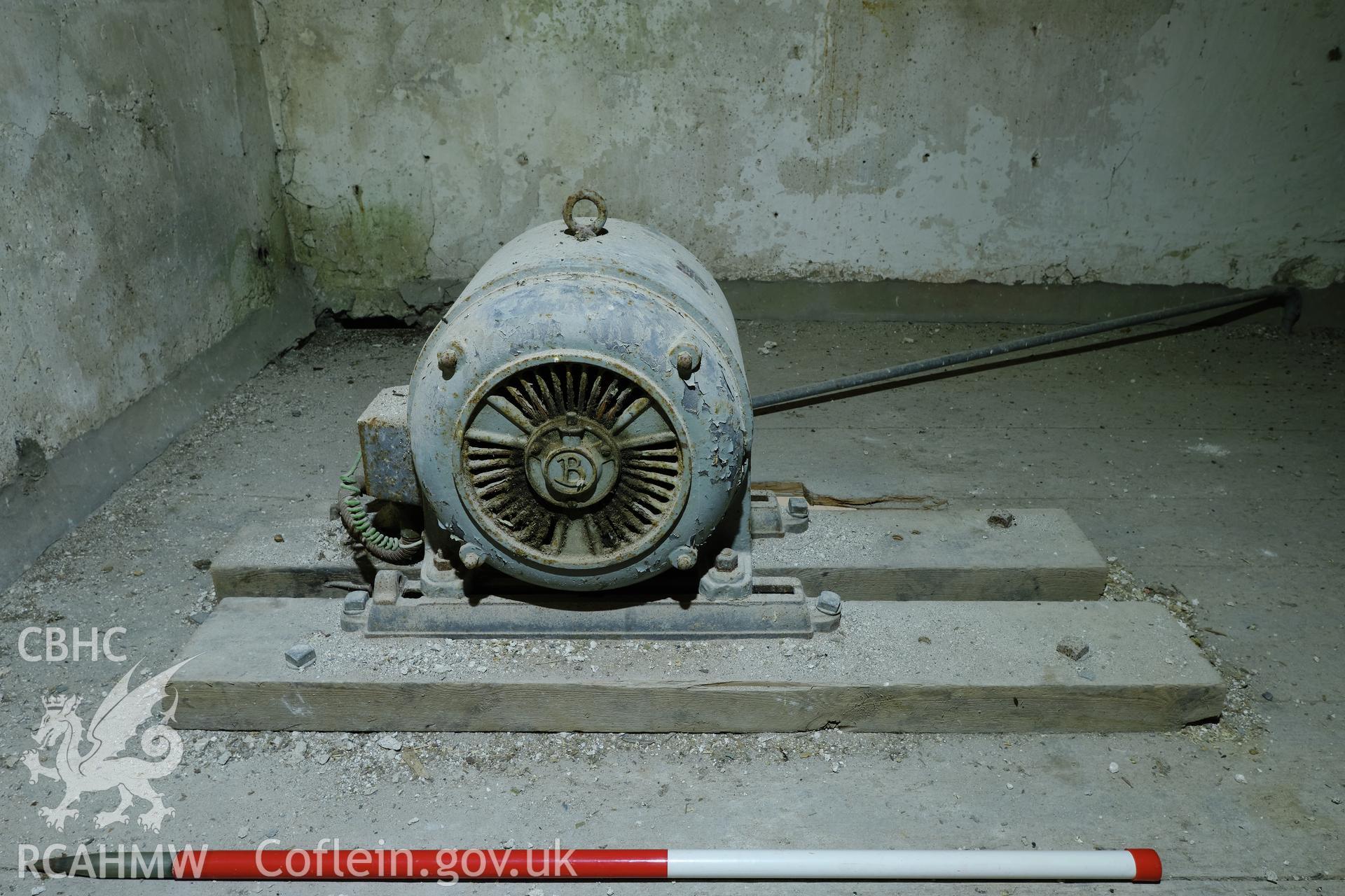 Colour photograph showing Blackpool Mill - 3rd floor, electric motor, looking NE. Produced as part of Historic Building Recording for Blackpool Mill, carried out by Richard Hayman, June 2021.