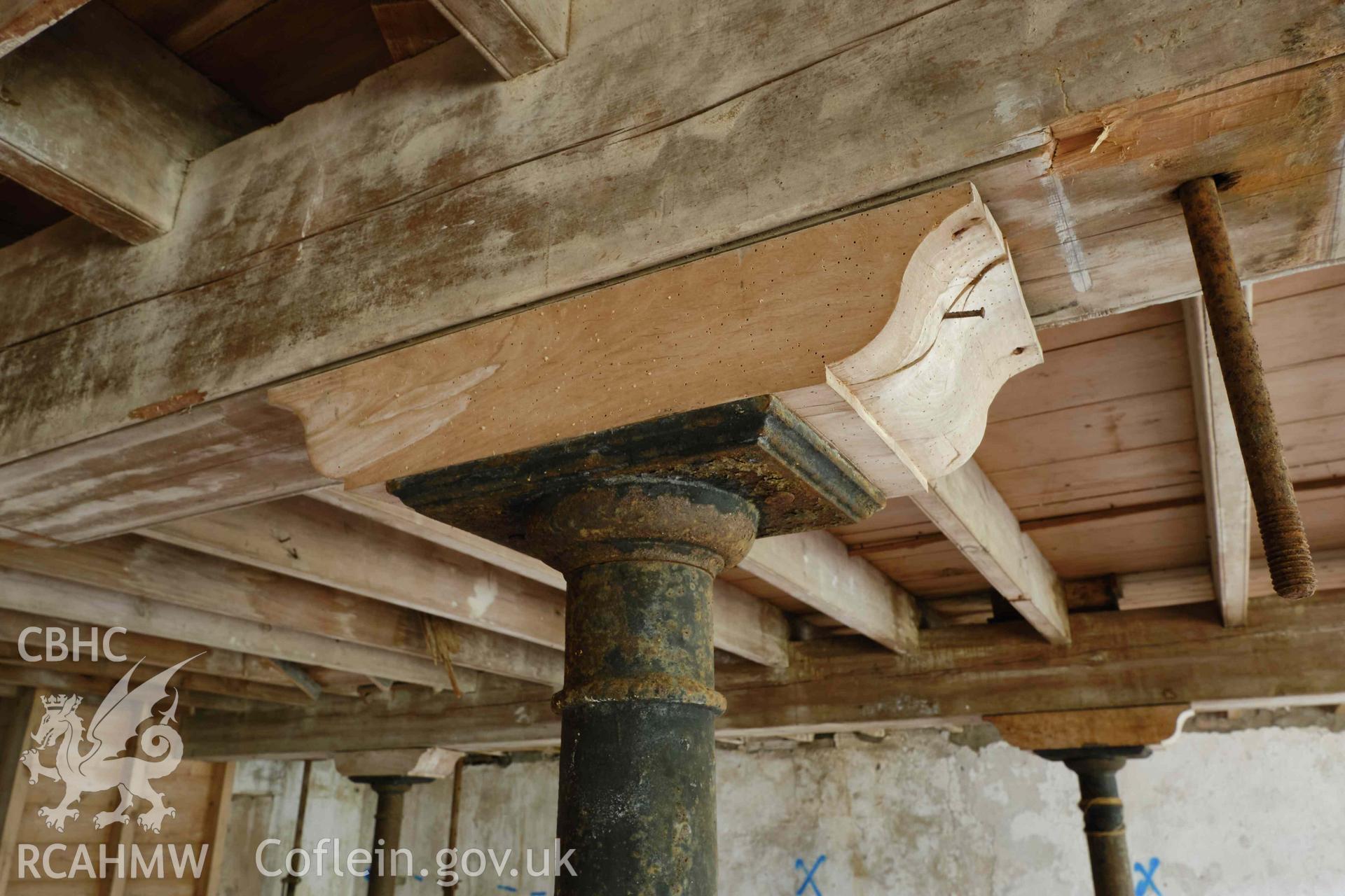 Colour photograph showing Blackpool Mill - 2nd floor, cast iron post, capital detail. Produced as part of Historic Building Recording for Blackpool Mill, carried out by Richard Hayman, June 2021.