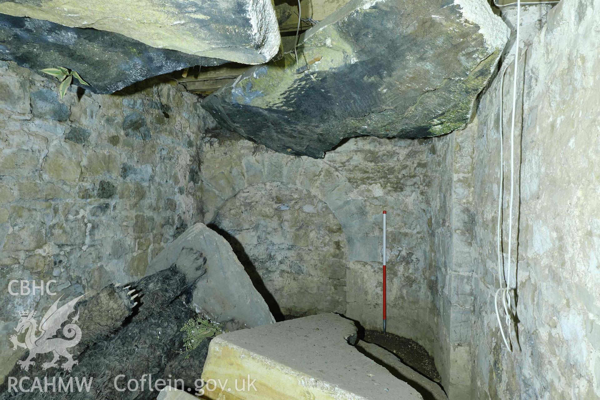 Colour photograph showing Blackpool Mill - basement, blocked arch from head race to secondary wheel pit, looking SE. Produced as part of Historic Building Recording for Blackpool Mill, carried out by Richard Hayman, June 2021.