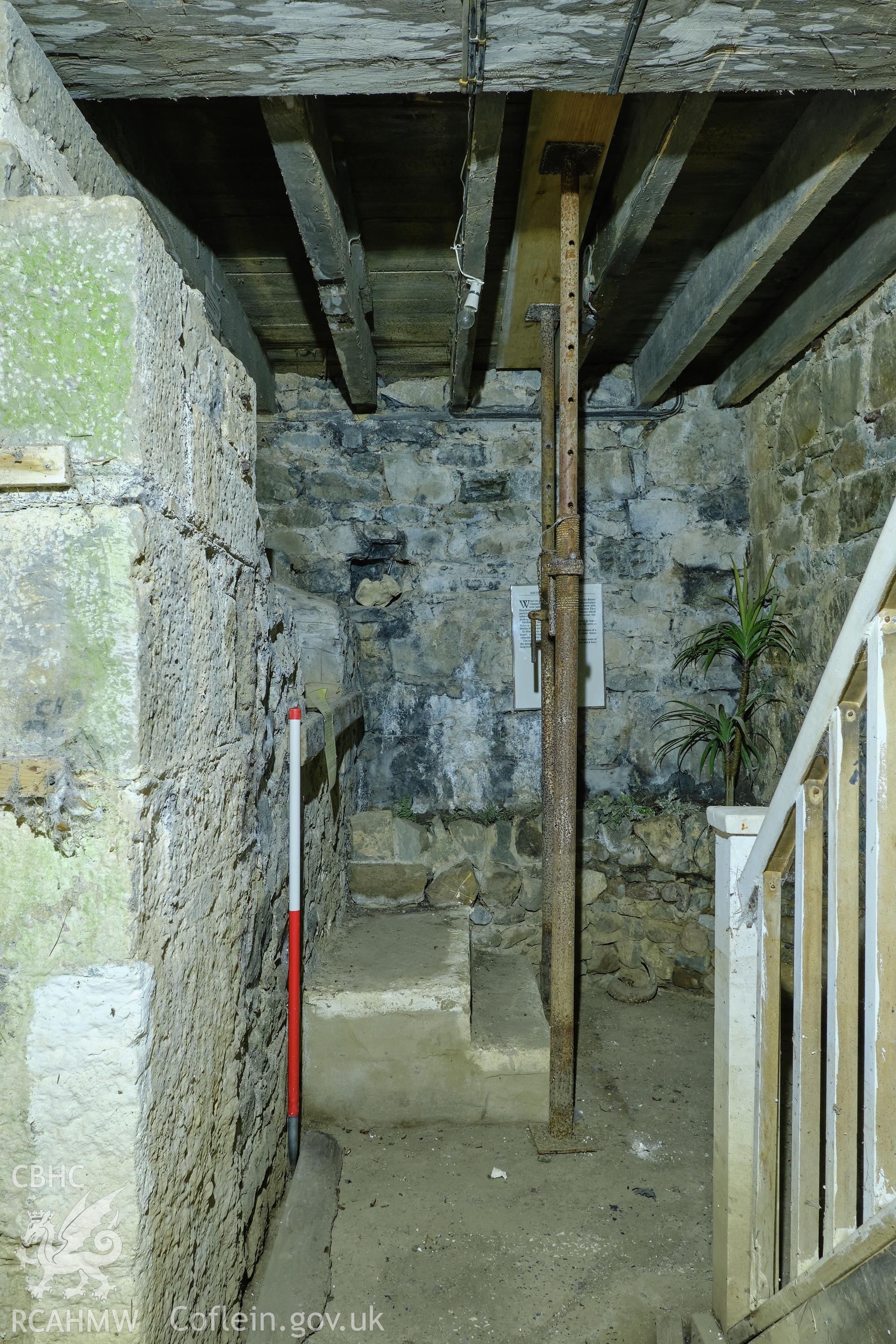Colour photograph showing Blackpool Mill - basement, looking SE to steps by wheelpit. Produced as part of Historic Building Recording for Blackpool Mill, carried out by Richard Hayman, June 2021.