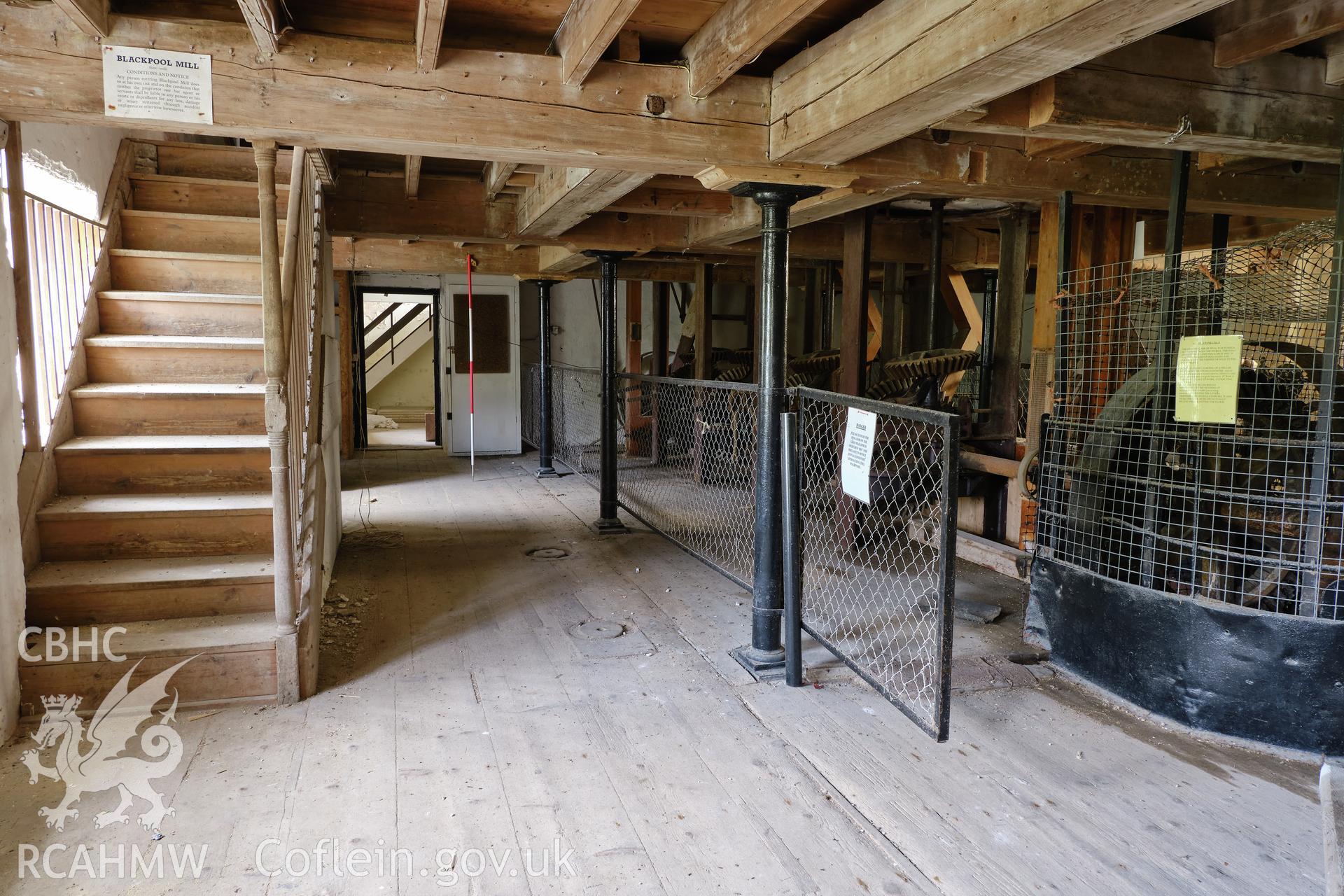 Colour photograph showing Blackpool Mill - ground floor, looking NE. Produced as part of Historic Building Recording for Blackpool Mill, carried out by Richard Hayman, June 2021.