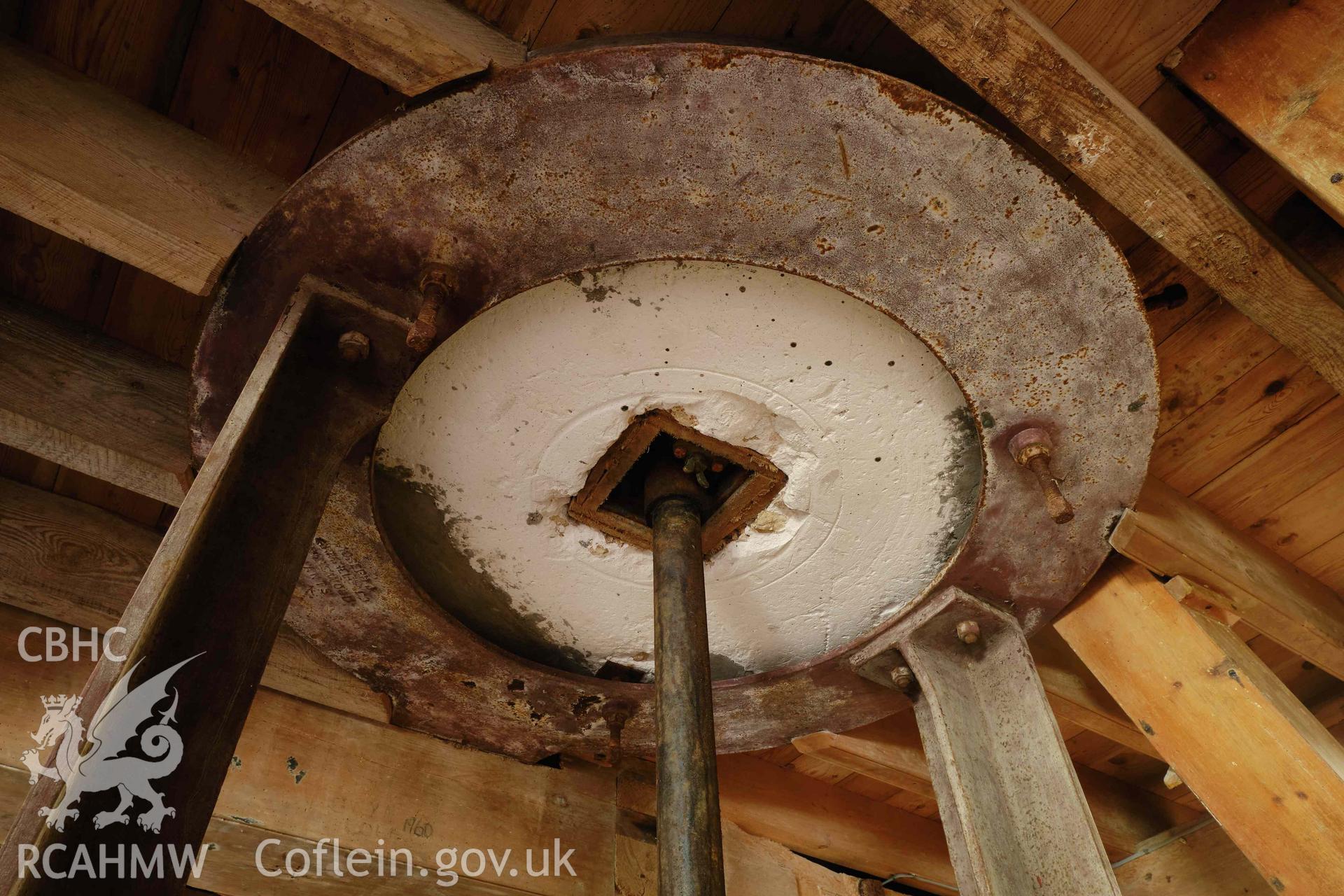 Colour photograph showing Blackpool Mill - ground floor, hurst frame supporting millstones. Produced as part of Historic Building Recording for Blackpool Mill, carried out by Richard Hayman, June 2021.
