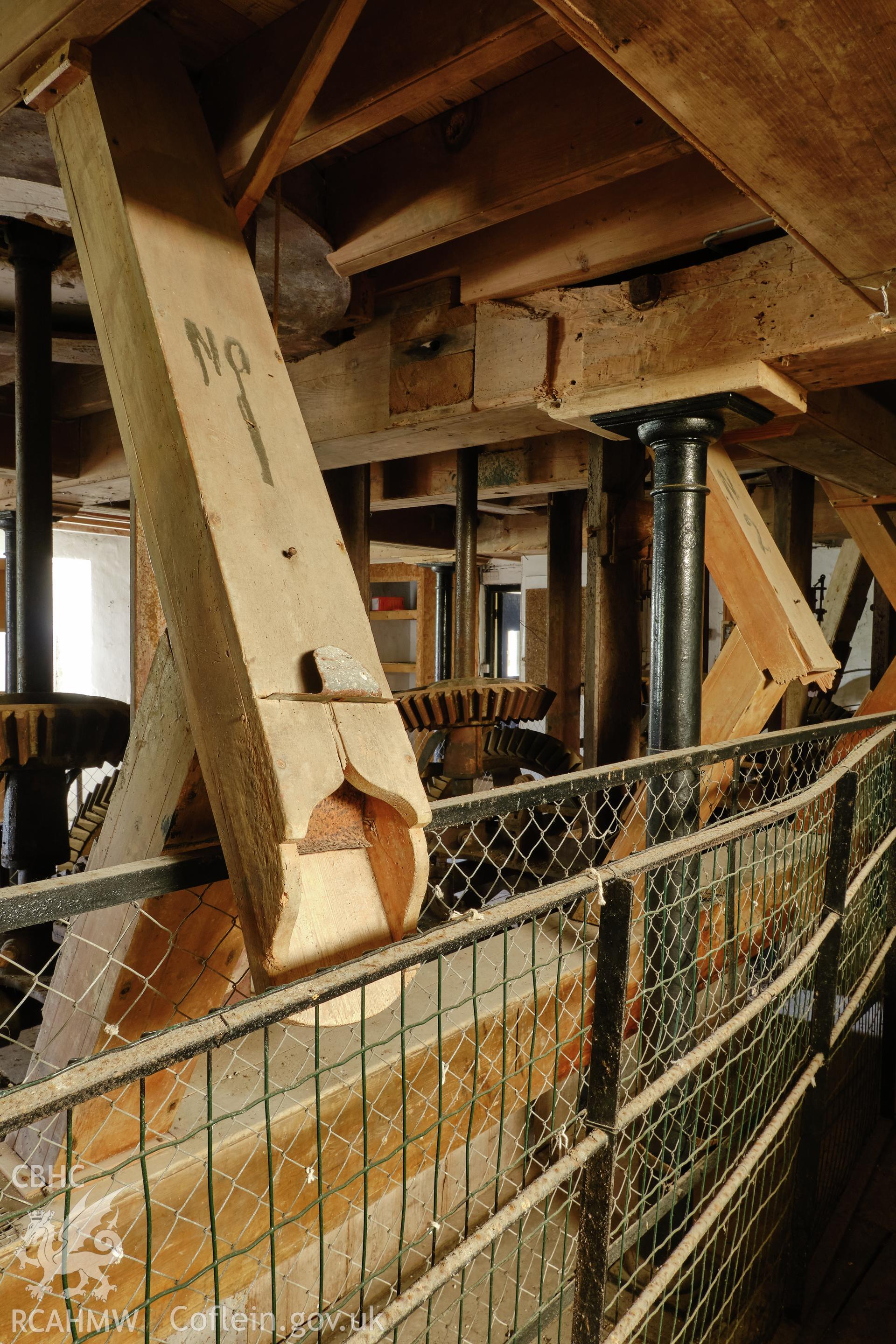 Colour photograph showing Blackpool Mill - ground floor, No 1 chute to meal sacks, looking NE. Produced as part of Historic Building Recording for Blackpool Mill, carried out by Richard Hayman, June 2021.