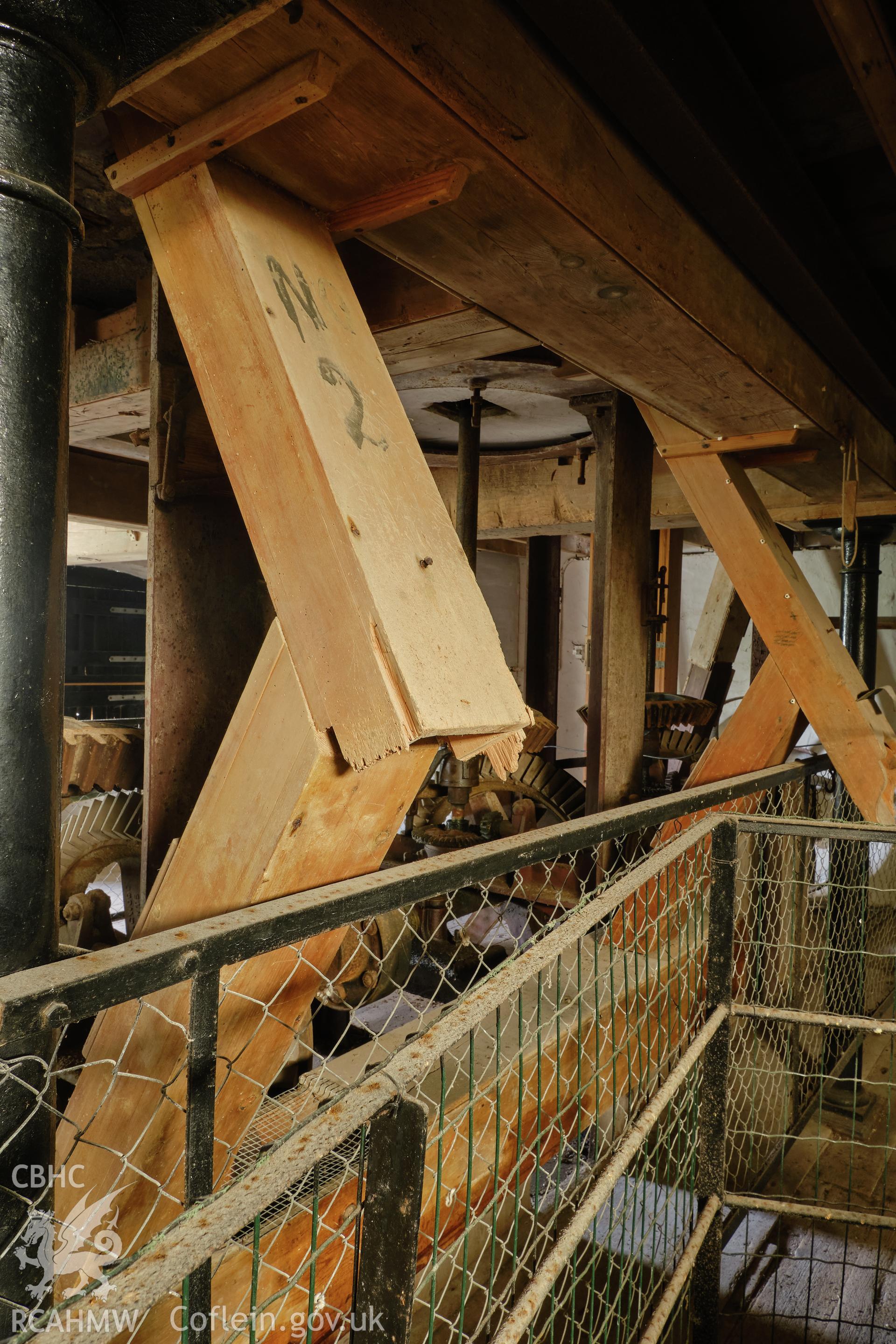 Colour photograph showing Blackpool Mill - ground floor, No 2 & 3 chutes to meal sacks, looking NE. Produced as part of Historic Building Recording for Blackpool Mill, carried out by Richard Hayman, June 2021.