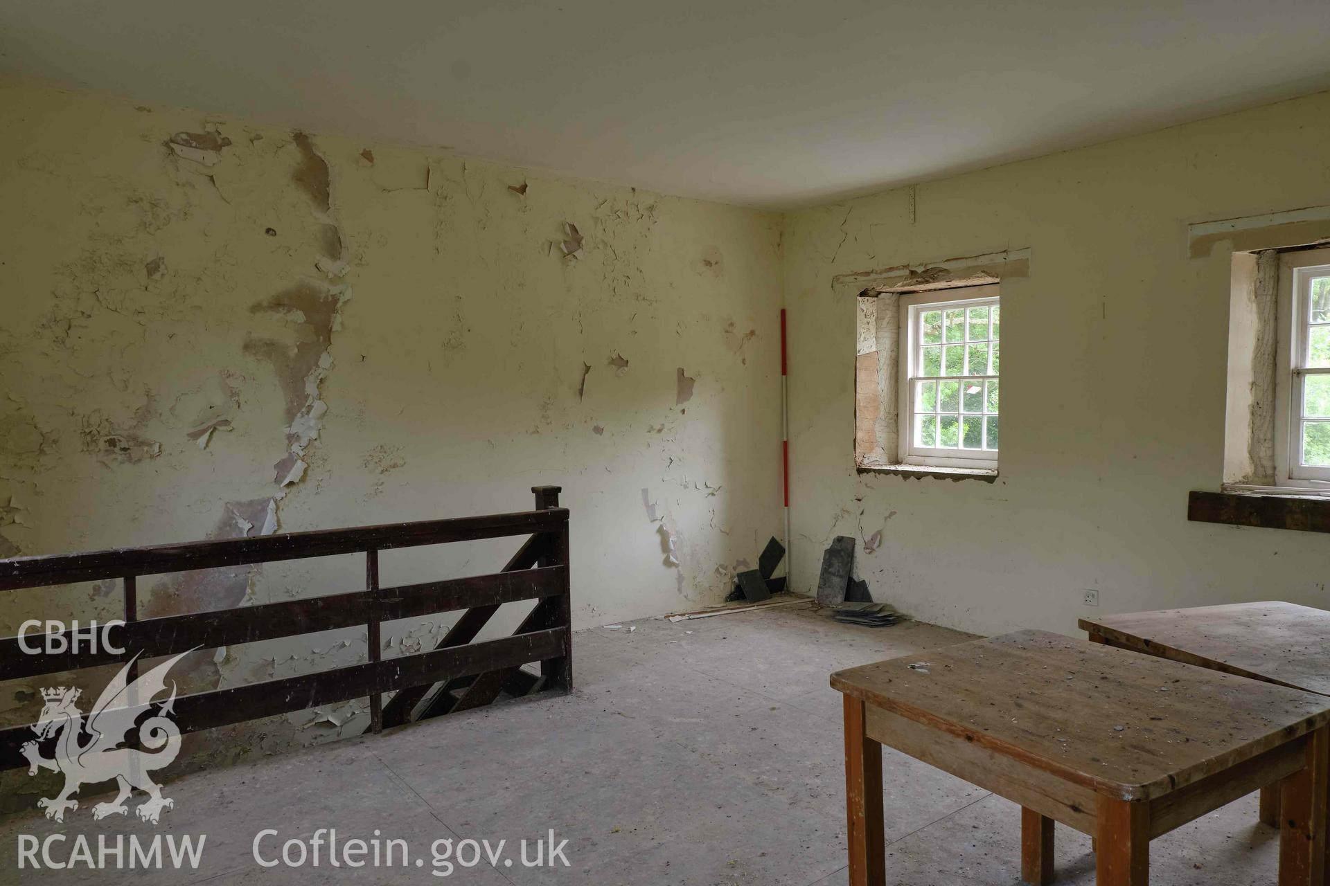 Colour photograph showing Blackpool Mill - NE wing, 1st floor, looking SE. Produced as part of Historic Building Recording for Blackpool Mill, carried out by Richard Hayman, June 2021.