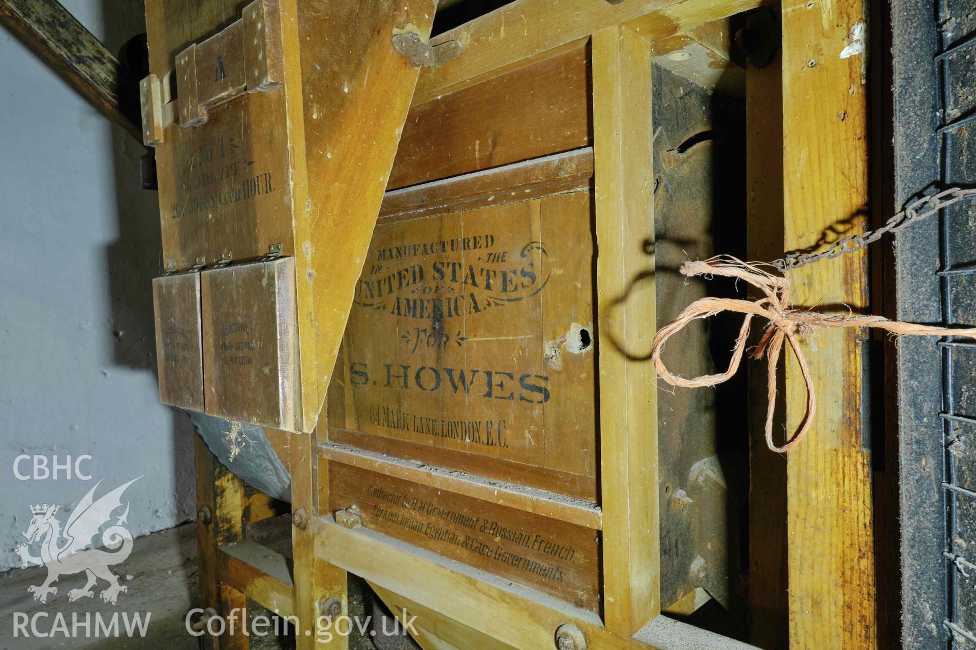 Colour photograph showing Blackpool Mill - 1st floor, stamped lettering on smutter. Produced as part of Historic Building Recording for Blackpool Mill, carried out by Richard Hayman, June 2021.