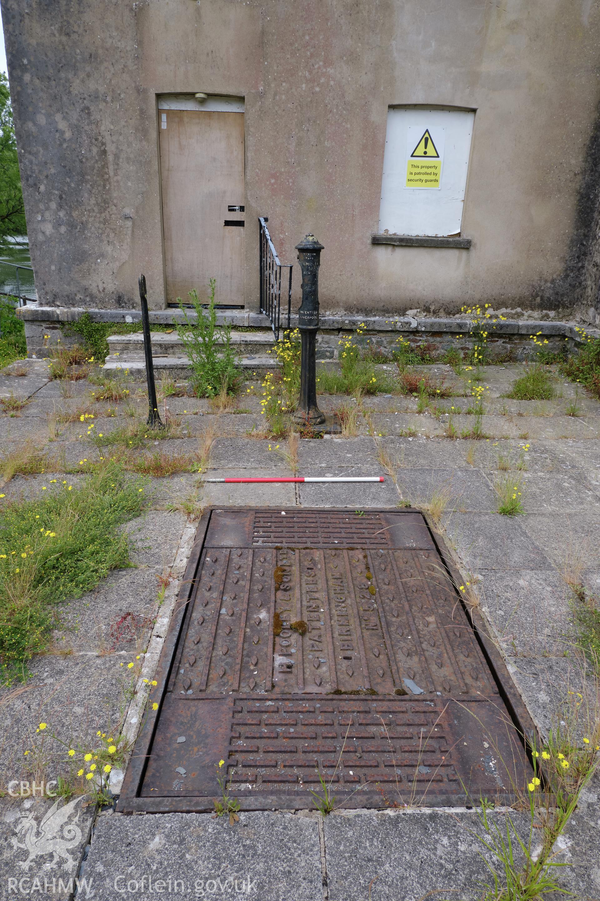 Colour photograph showing Blackpool Mill - weighing machine looking NW. Produced as part of Historic Building Recording for Blackpool Mill, carried out by Richard Hayman, June 2021.