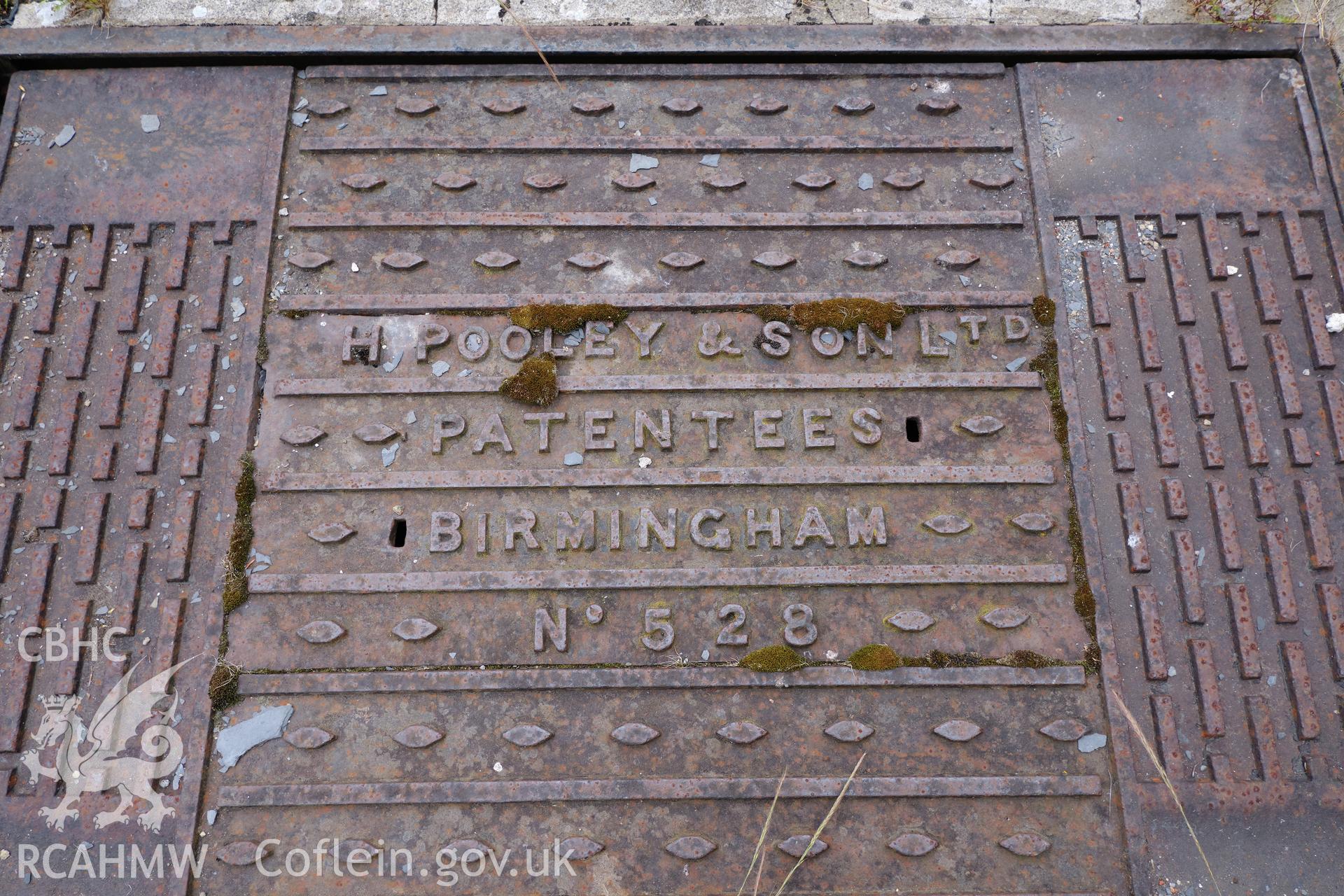 Colour photograph showing Blackpool Mill - weighing machine name plate. Produced as part of Historic Building Recording for Blackpool Mill, carried out by Richard Hayman, June 2021.