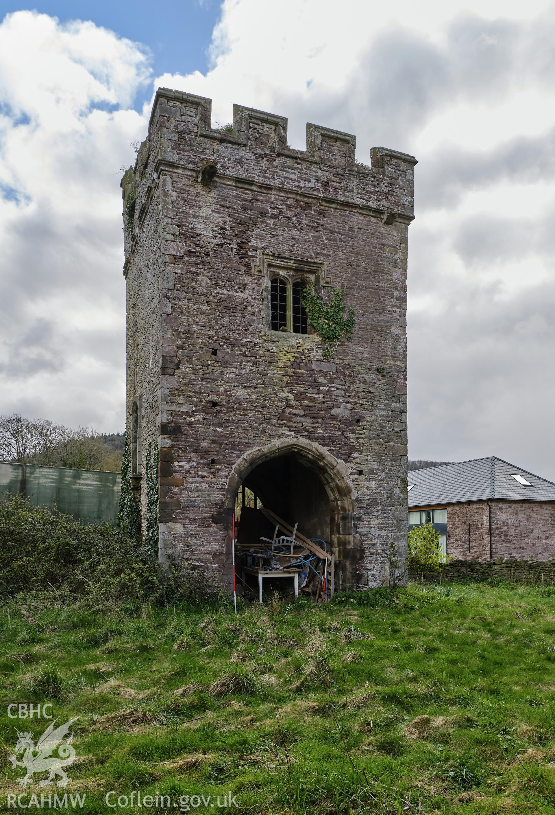 Colour photograph showing Great Porthmel Gatehouse - NW front, looking SE. Produced as part of Historic Building Recording for Great Porthamel Gatehouse, carried out by Richard Hayman, April 2021.