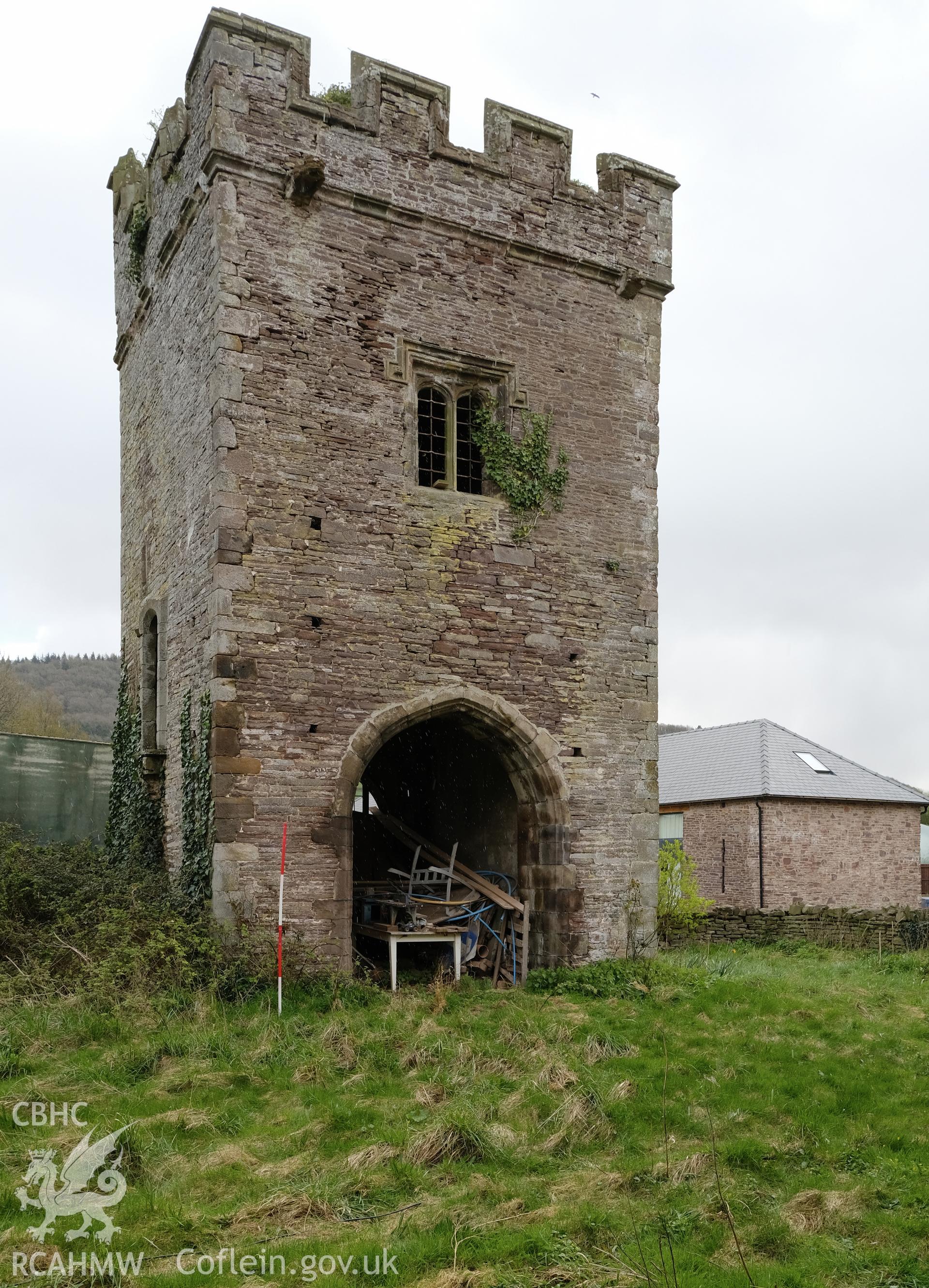 Colour photograph showing Great Porthmel Gatehouse - NW front, looking SE. Produced as part of Historic Building Recording for Great Porthamel Gatehouse, carried out by Richard Hayman, April 2021.