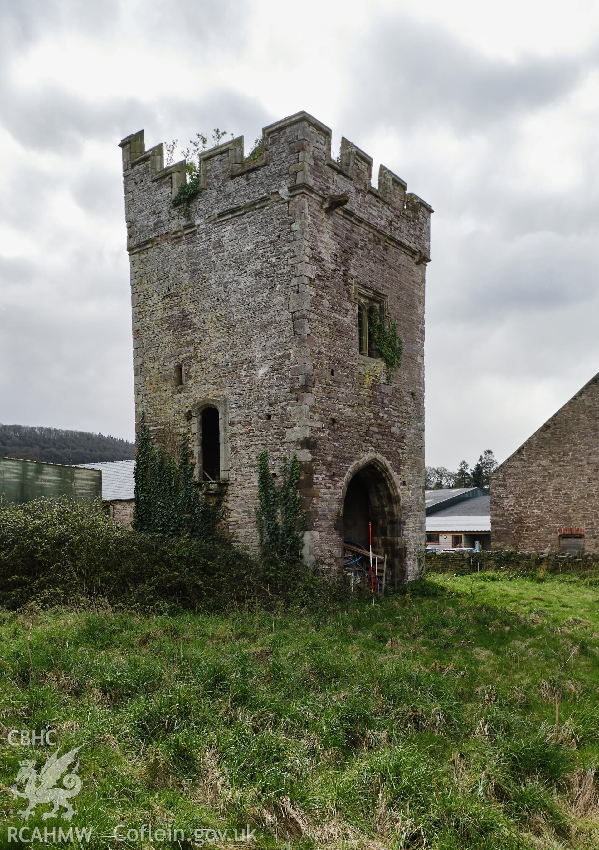 Colour photograph showing Great Porthmel Gatehouse - NE front looking S. Produced as part of Historic Building Recording for Great Porthamel Gatehouse, carried out by Richard Hayman, April 2021.