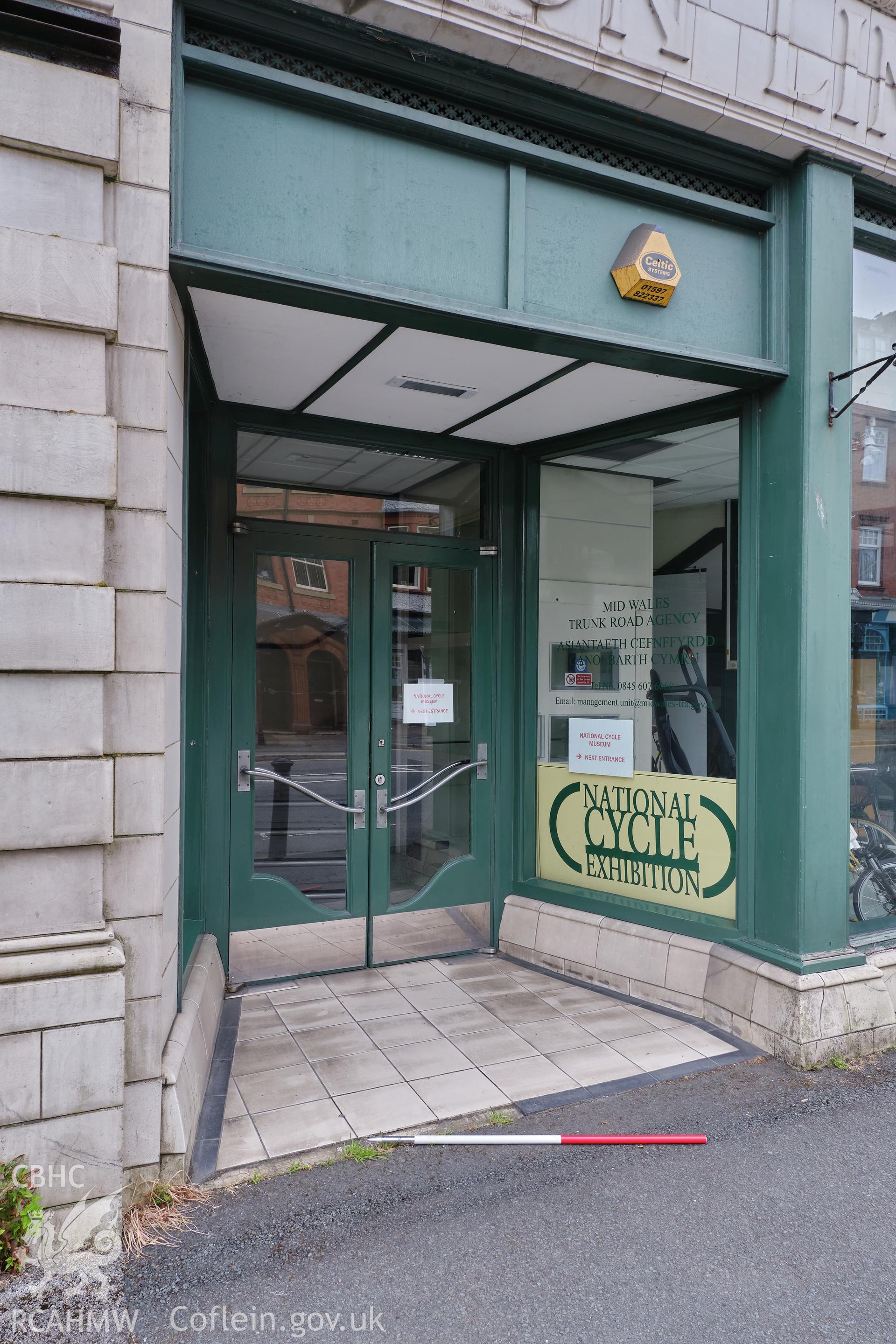 Colour photograph showing Automobile Palace - bay 7 entrance, Temple Street front, looking S. Produced as part of Historic Building Recording for Automobile Palace, carried out by Richard Hayman, June 2021.