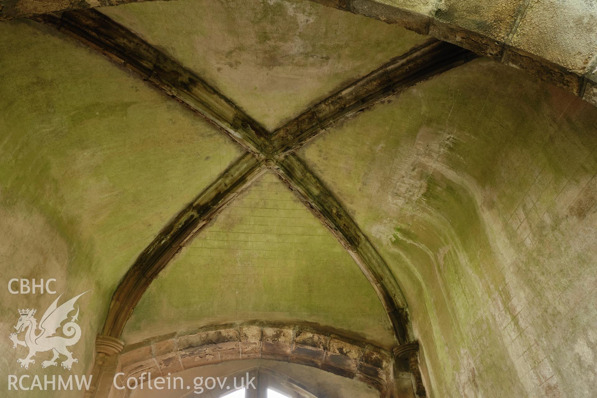 Colour photograph showing Great Porthmel Gatehouse - passage vault, looking SE. Produced as part of Historic Building Recording for Great Porthamel Gatehouse, carried out by Richard Hayman, April 2021.