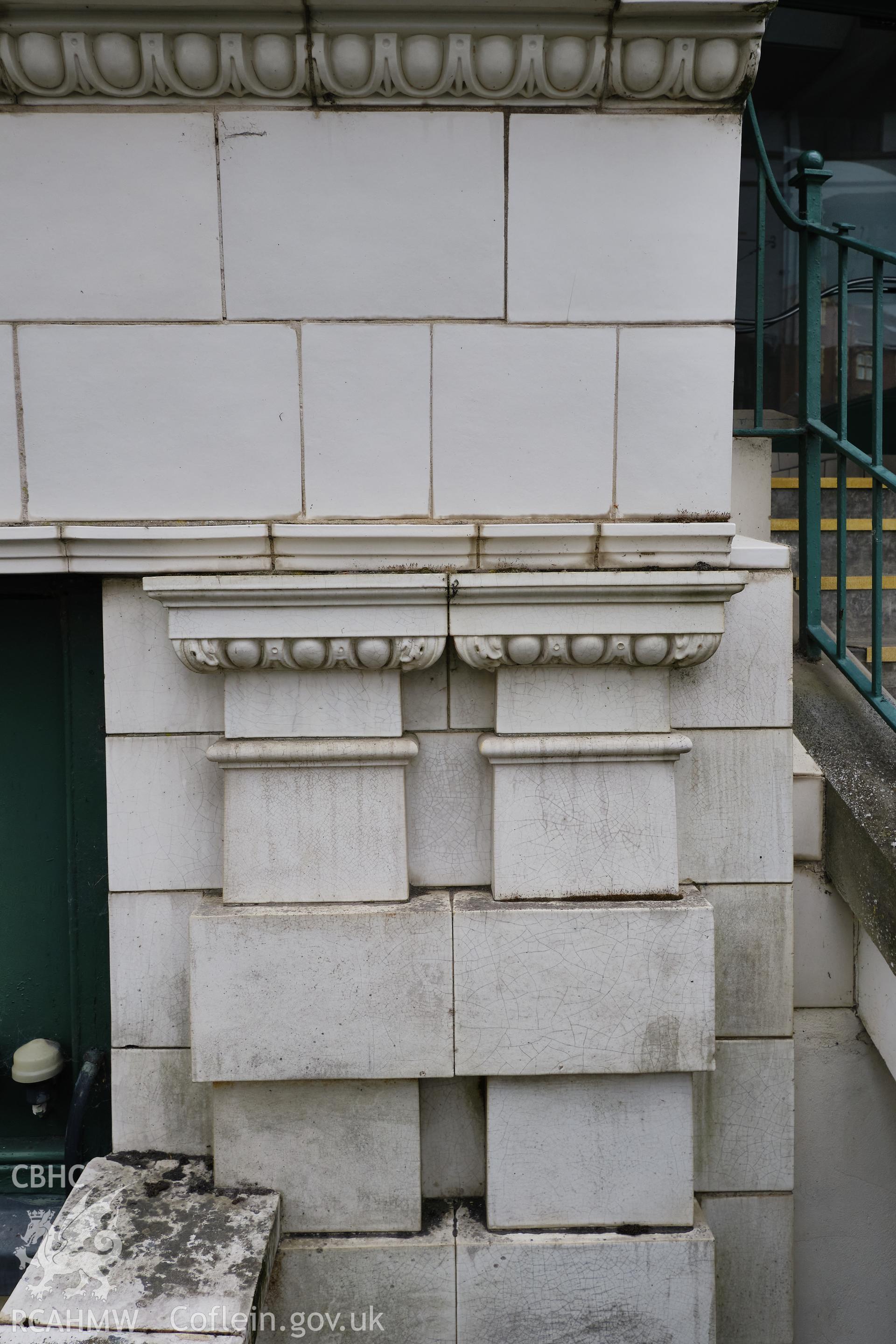 Colour photograph showing Automobile Palace - pilaster and fascia detail, Princes Avenue front. Produced as part of Historic Building Recording for Automobile Palace, carried out by Richard Hayman, June 2021.