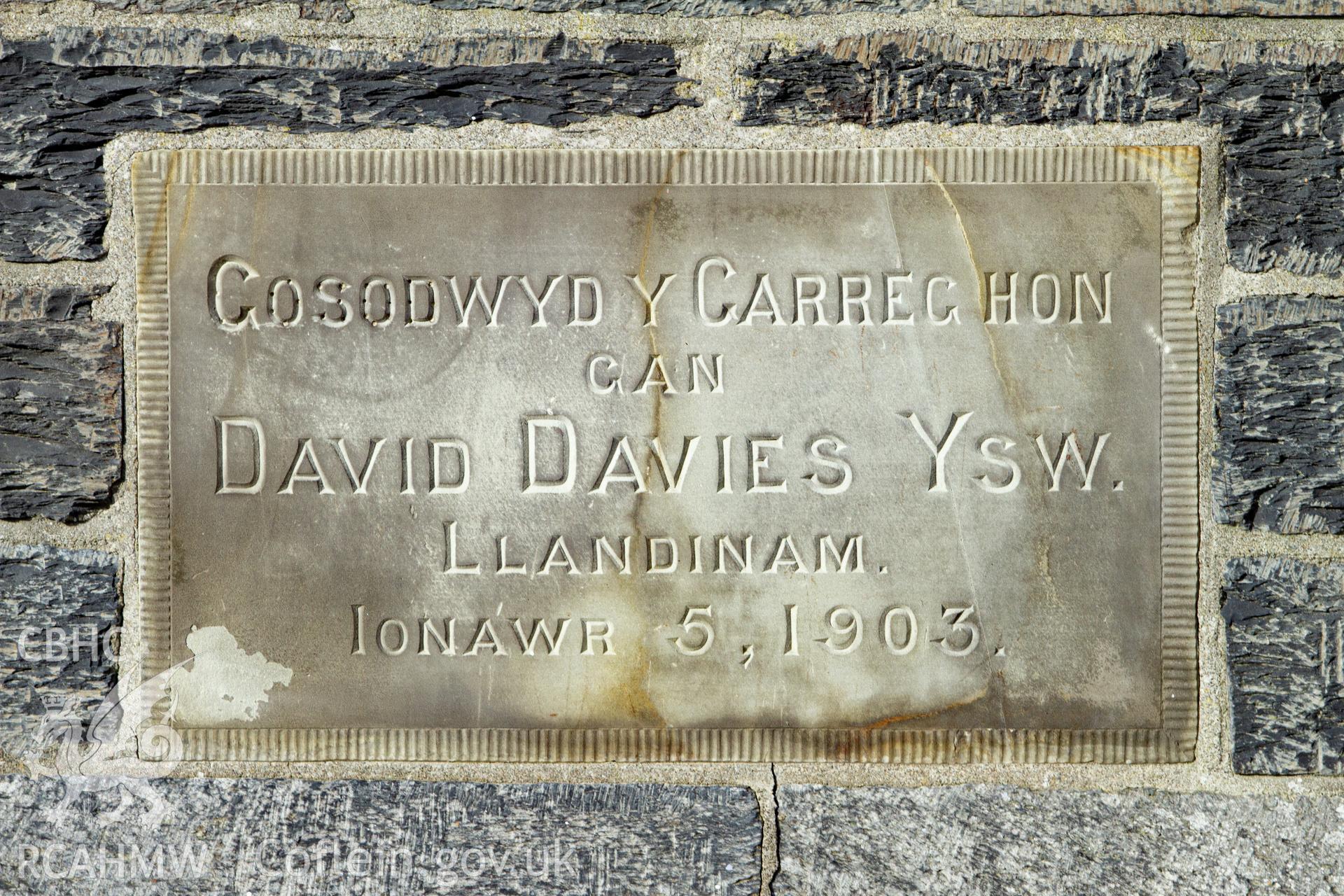 Colour photograph of date stone, front of chapel (1903) - part of a photographic survey of Bethania Chapel, Aberangell, Gwynedd, produced for John Linden by Adrian John Hexter as a condition of planning consent. (Planning Application Ref. No. NP5/74/L319). Snowdonia National Park Planning Authority.