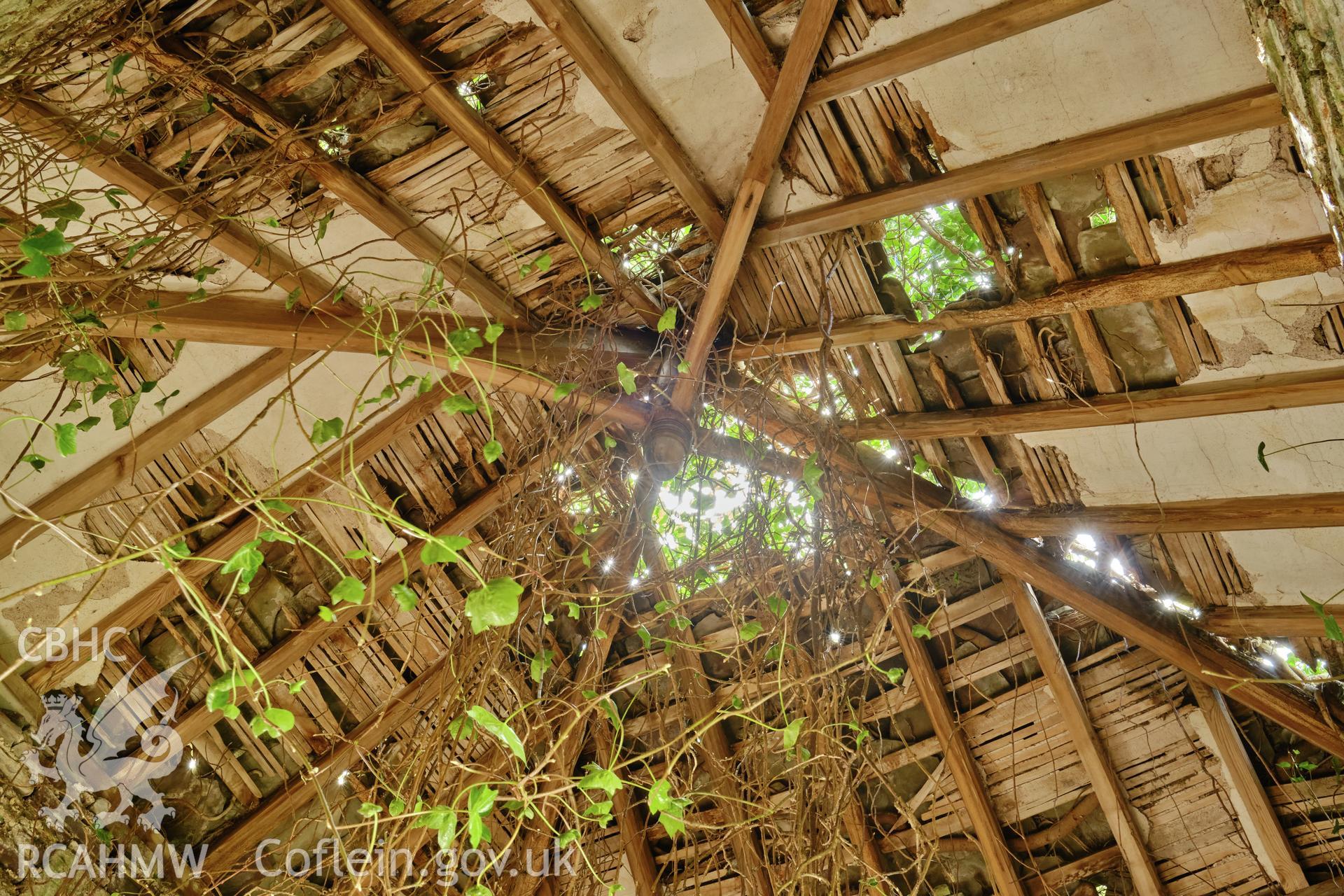 Colour photograph showing Great Porthmel Gatehouse - upper stage roof. Produced as part of Historic Building Recording for Great Porthamel Gatehouse, carried out by Richard Hayman, April 2021.