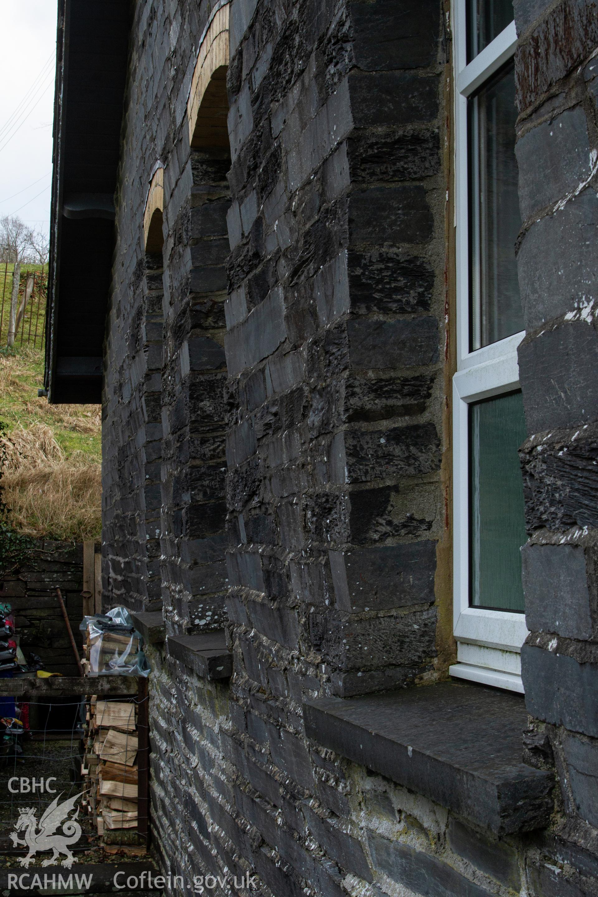 Colour photograph of back wall and windows into vestry - part of a photographic survey of Bethania Chapel, Aberangell, Gwynedd, produced for John Linden by Adrian John Hexter as a condition of planning consent. (Planning Application Ref. No. NP5/74/L319). Snowdonia National Park Planning Authority.