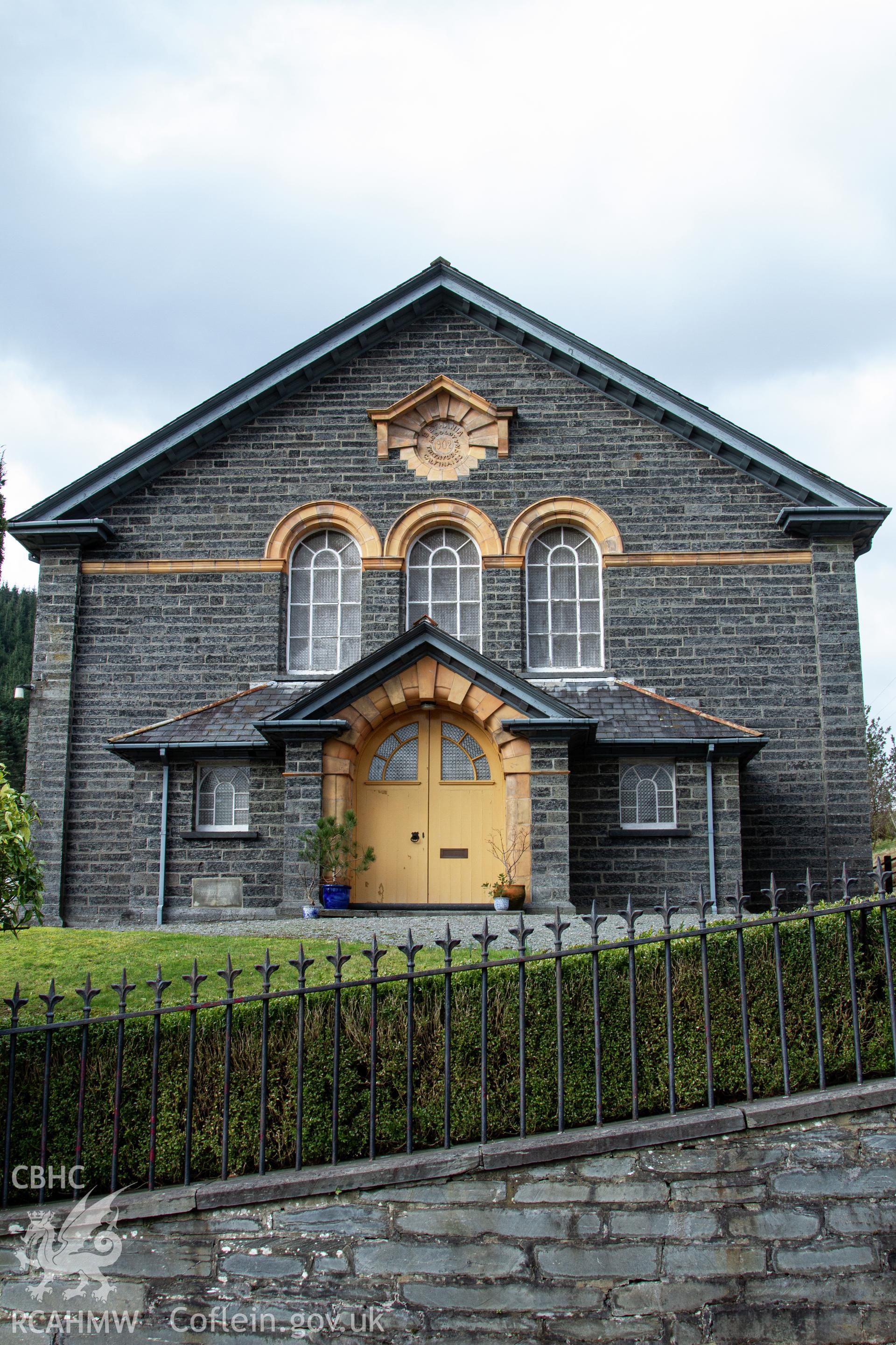 Colour photograph of view of front of chapel from road - part of a photographic survey of Bethania Chapel, Aberangell, Gwynedd, produced for John Linden by Adrian John Hexter as a condition of planning consent. (Planning Application Ref. No. NP5/74/L319). Snowdonia National Park Planning Authority.