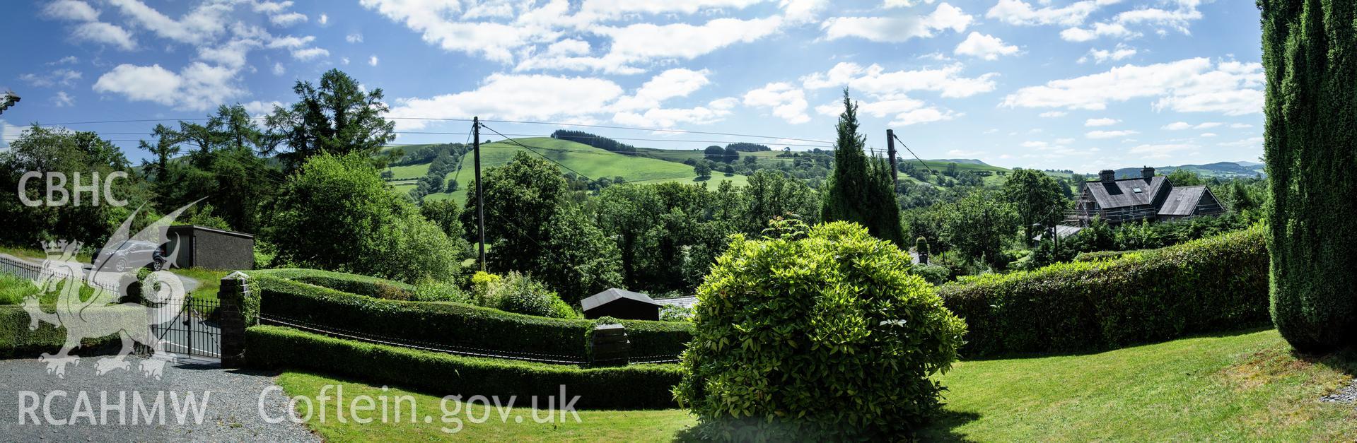 Colour panoramic view of landscape looking east from front door of chapel - part of a photographic survey of Bethania Chapel, Aberangell, Gwynedd, produced for John Linden by Adrian John Hexter, as a condition of planning consent. (Planning Application Ref. No. NP5/74/L319). Snowdonia National Park Planning Authority.