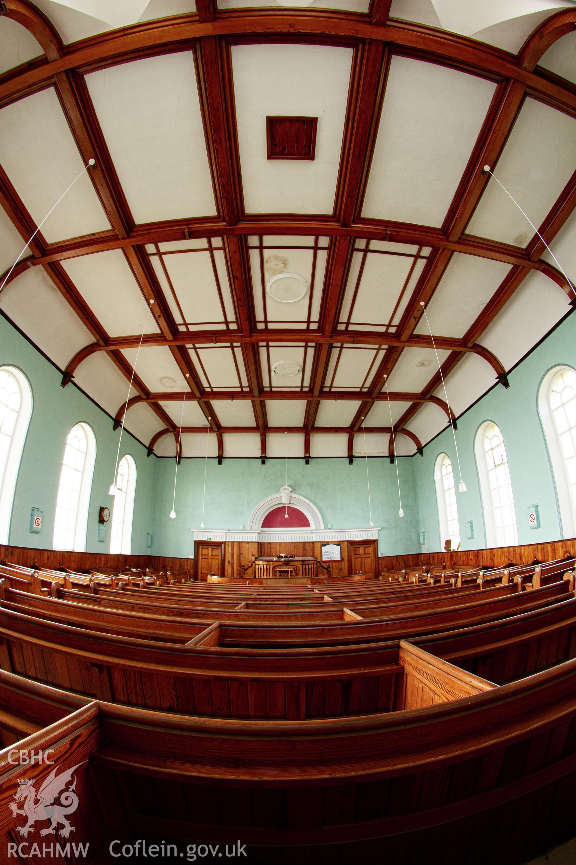 Colour photograph of interior - chapel ceiling - part of a photographic survey of Bethania Chapel, Aberangell, Gwynedd, produced for John Linden by Adrian John Hexter, as a condition of planning consent. (Planning Application Ref. No. NP5/74/L319). Snowdonia National Park Planning Authority.