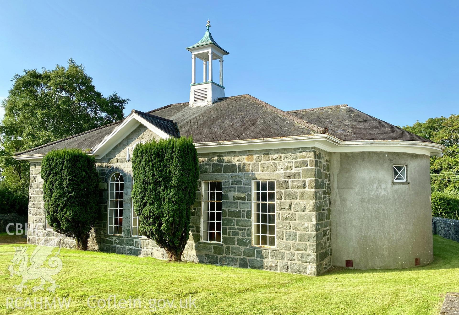 Colour photograph showing Chapel from the north east - part of a photographic record relating to Moriah Chapel, Llanystumdwy, produced as a condition of planning consent (Planning Reference C21/0420/41/LL; Gwynedd Council).