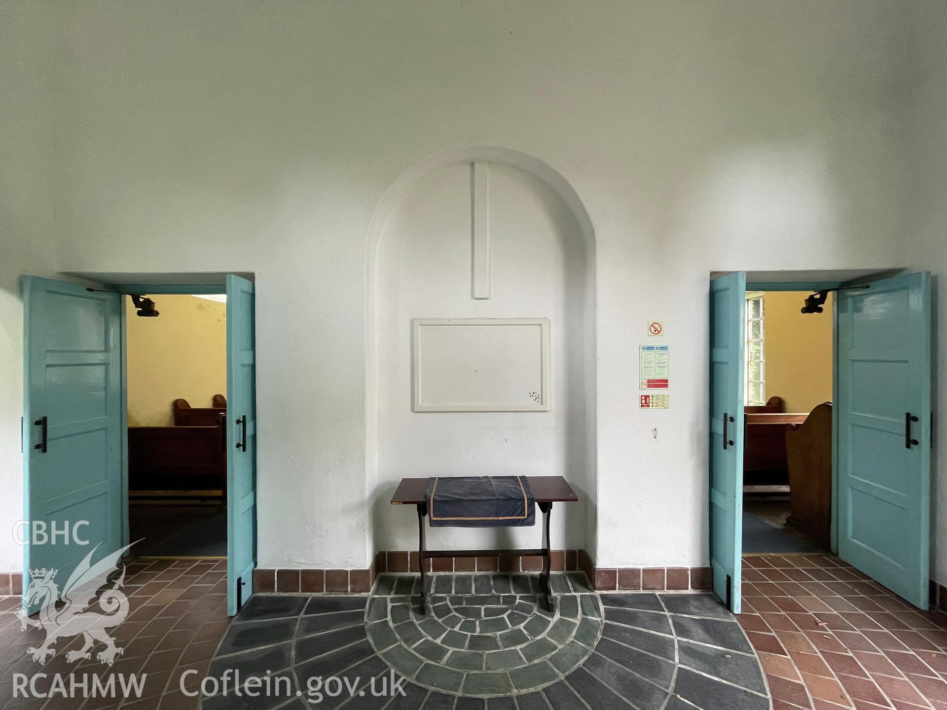 Colour photograph showing vestibule north elevation - part of a photographic record relating to Moriah Chapel, Llanystumdwy, produced as a condition of planning consent (Planning Reference C21/0420/41/LL; Gwynedd Council).