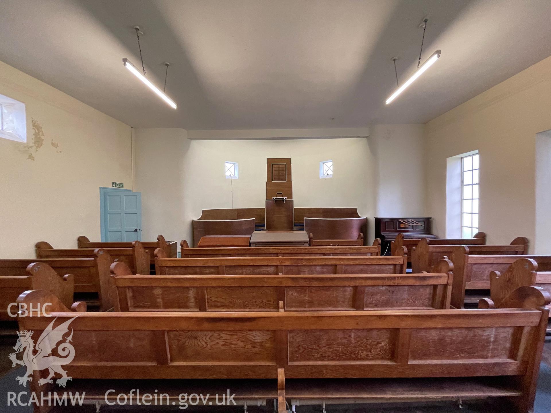 Colour photograph showing chapel north elevation - part of a photographic record relating to Moriah Chapel, Llanystumdwy, produced as a condition of planning consent (Planning Reference C21/0420/41/LL; Gwynedd Council).