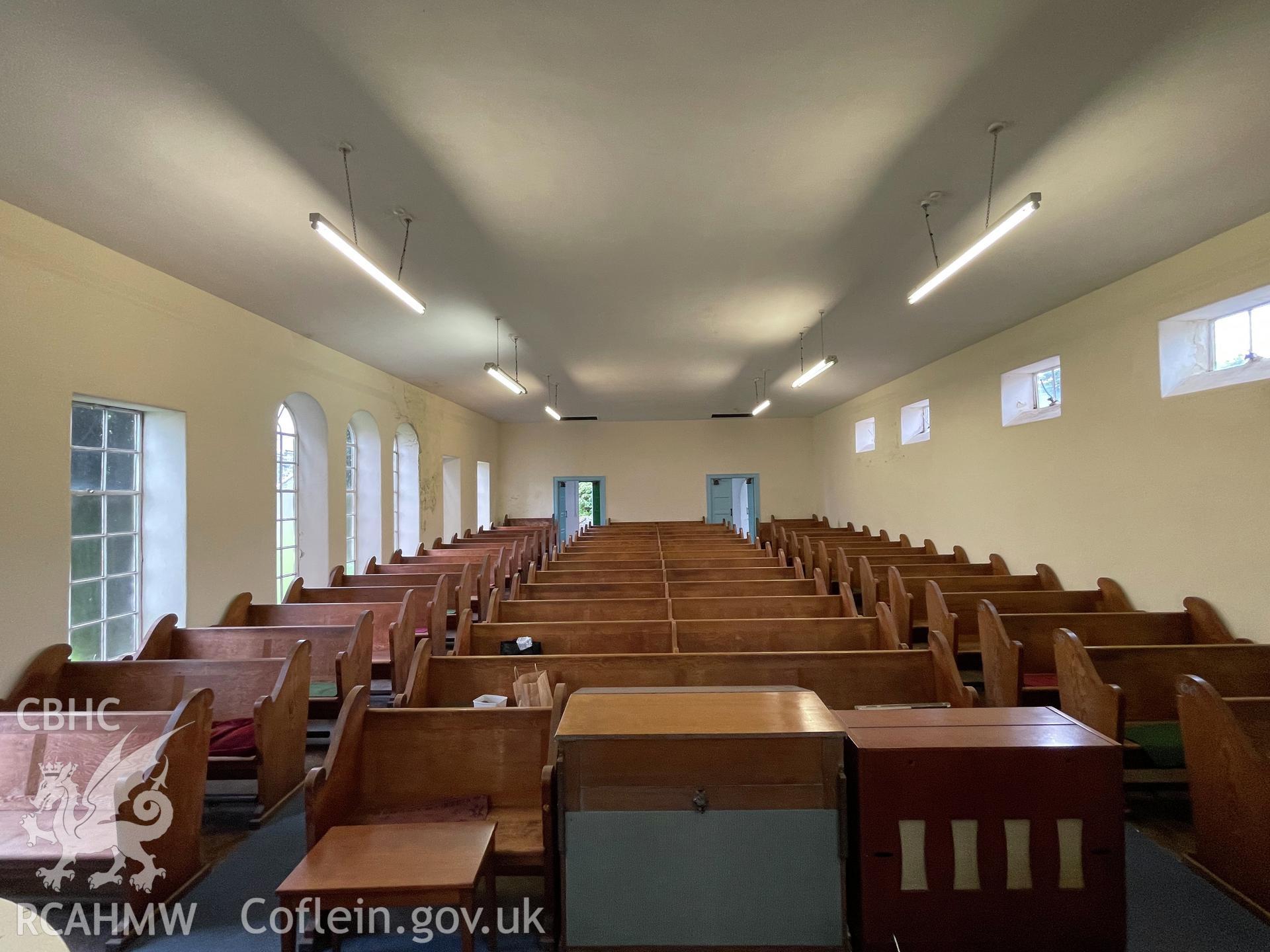 Colour photograph showing set fawr seen from chapel (facing south) - part of a photographic record relating to Moriah Chapel, Llanystumdwy, produced as a condition of planning consent (Planning Reference C21/0420/41/LL; Gwynedd Council).