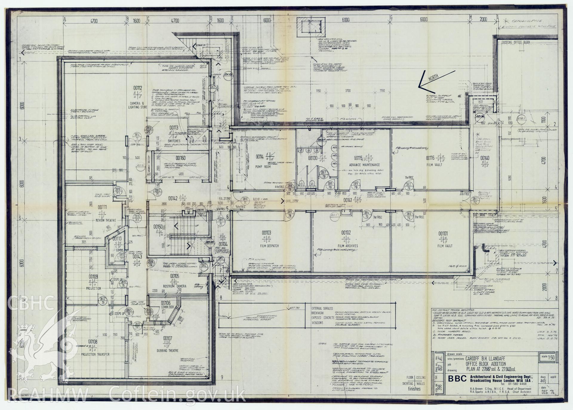 Digitised drawing plan of Llandaff office block addition, Cardiff. Drawing no. 807E, December 1974.