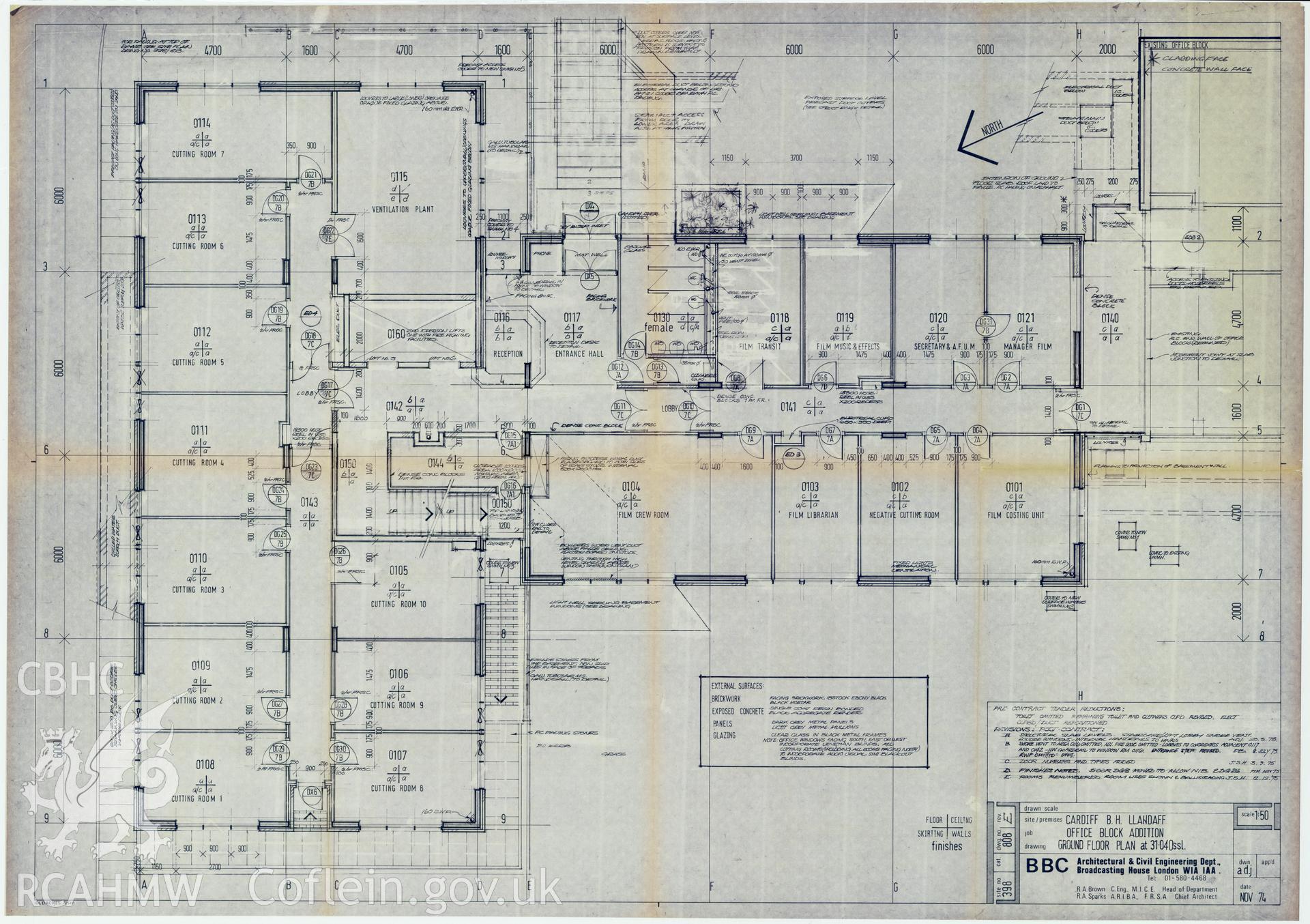 Digitised drawing plan of Llandaff office block addition, Cardiff. Ground floor plan no. 808E, November 1974.
