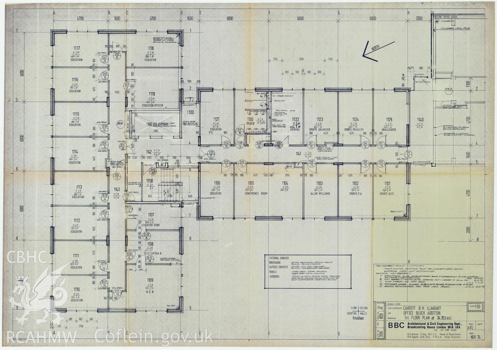 Digitised drawing plan of Llandaff office block addition, Cardiff. First floor plan no. 809E, November 1974.