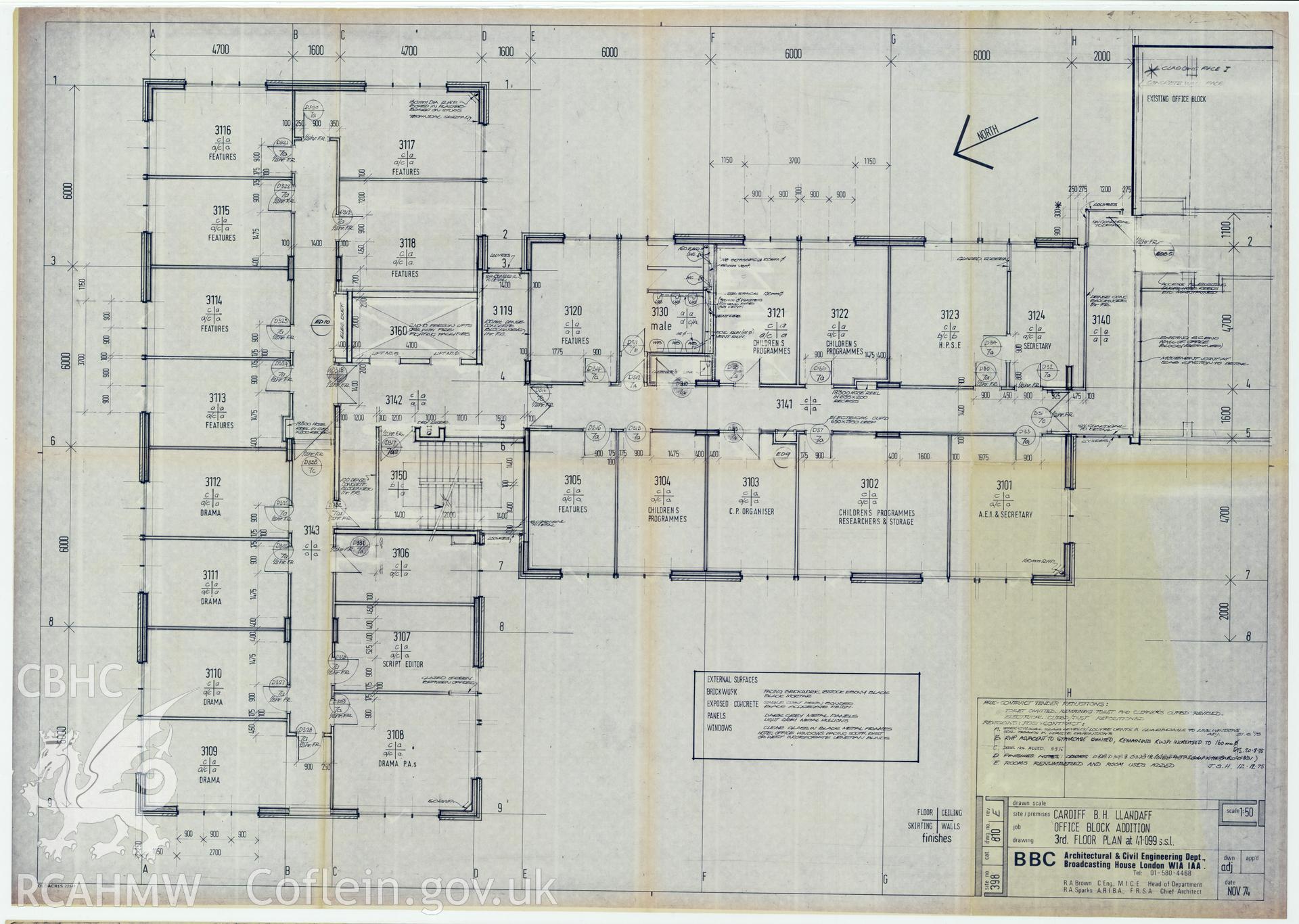 Digitised drawing plan of Llandaff office block addition, Cardiff. Third floor plan no. 810E, November 1974.