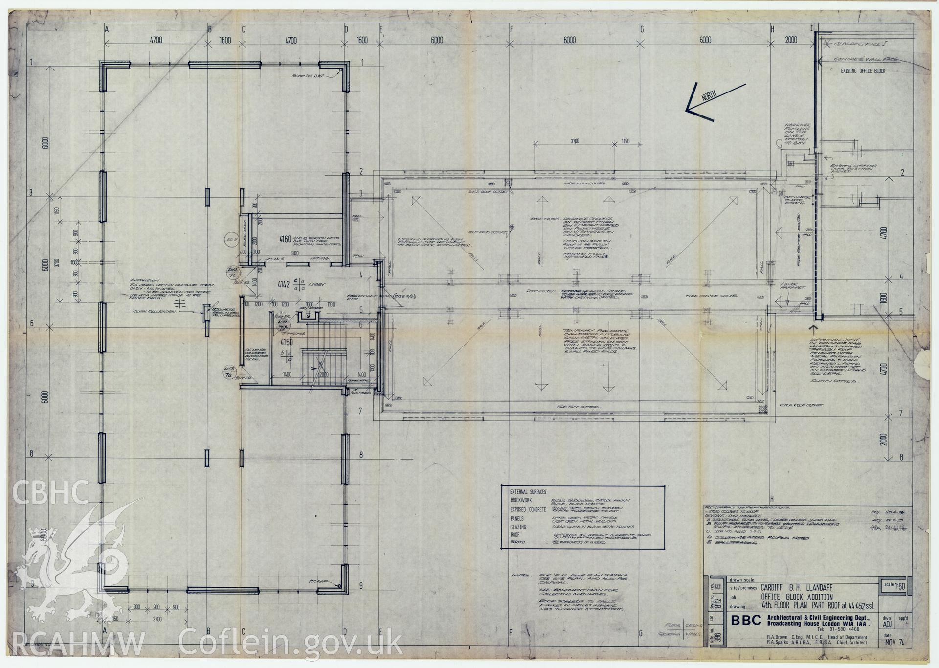 Digitised drawing plan of Llandaff office block addition, Cardiff. Fourth floor plan no. 812E, November 1974.
