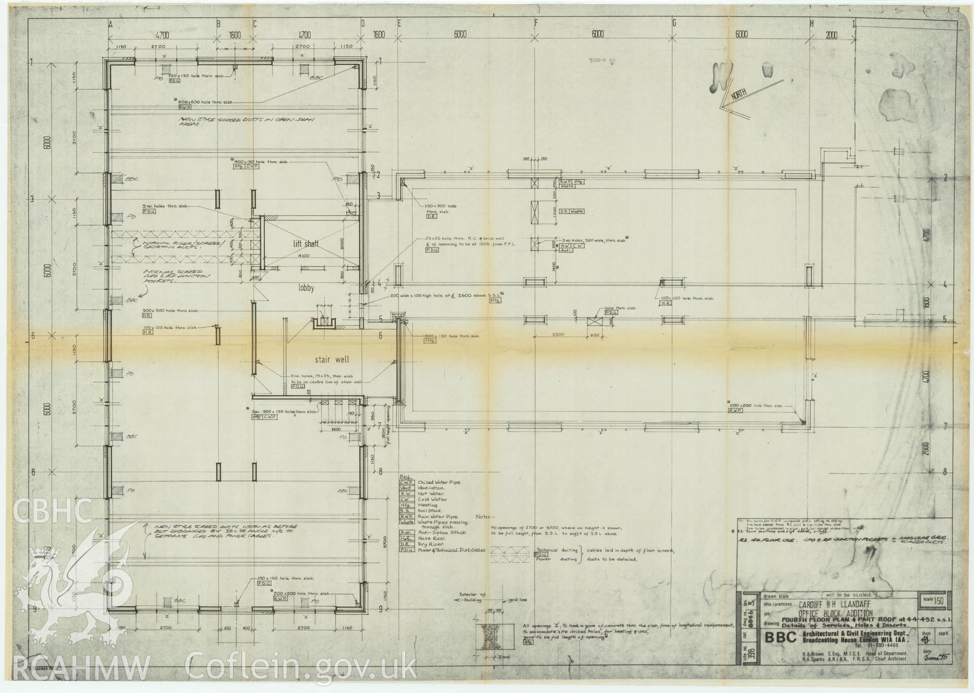 Digitised drawing plan of Llandaff office block addition, Cardiff. Fourth floor and part roof plan no. 884b/3, June 1975.