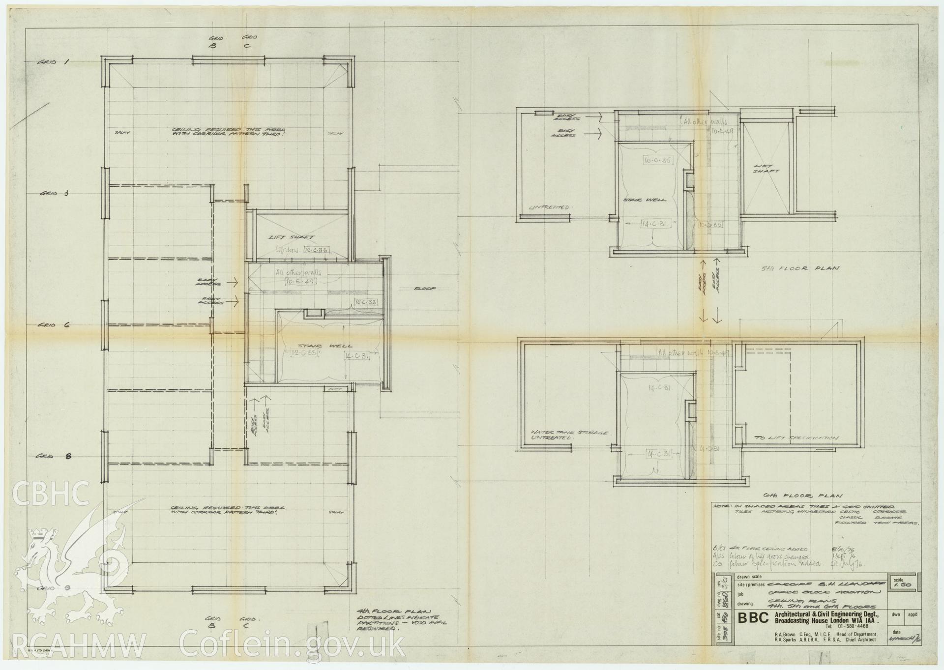 Digitised drawing plan of Llandaff office block addition, Cardiff. Fourth, fifth and sixth floor ceiling plans. Drawing no. 886d B/cs, March 1976.