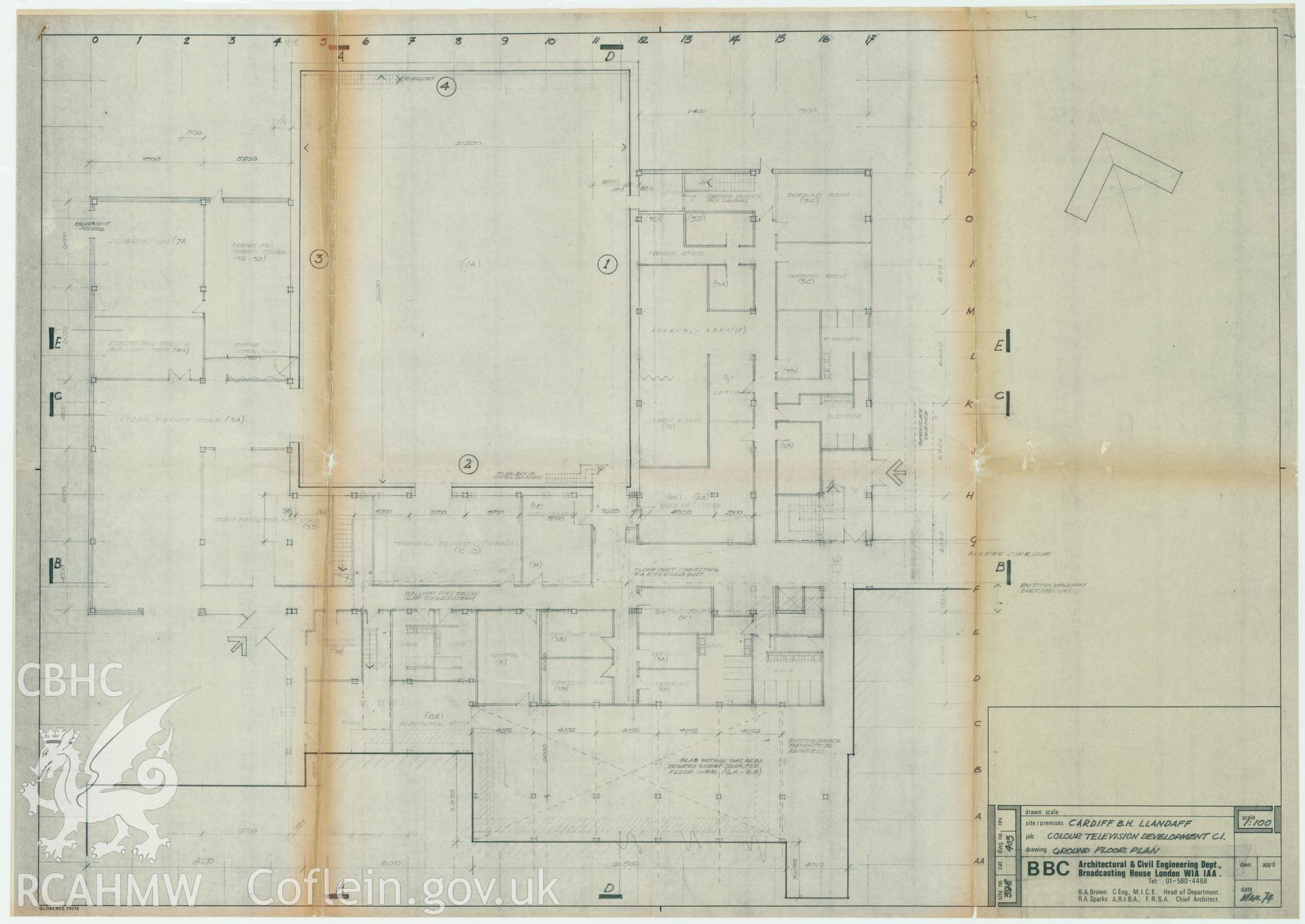 Digitised drawing plan of Llandaff production studio C1- Colour TV development. Ground floor plan. Drawing no. 403, March 1974.
