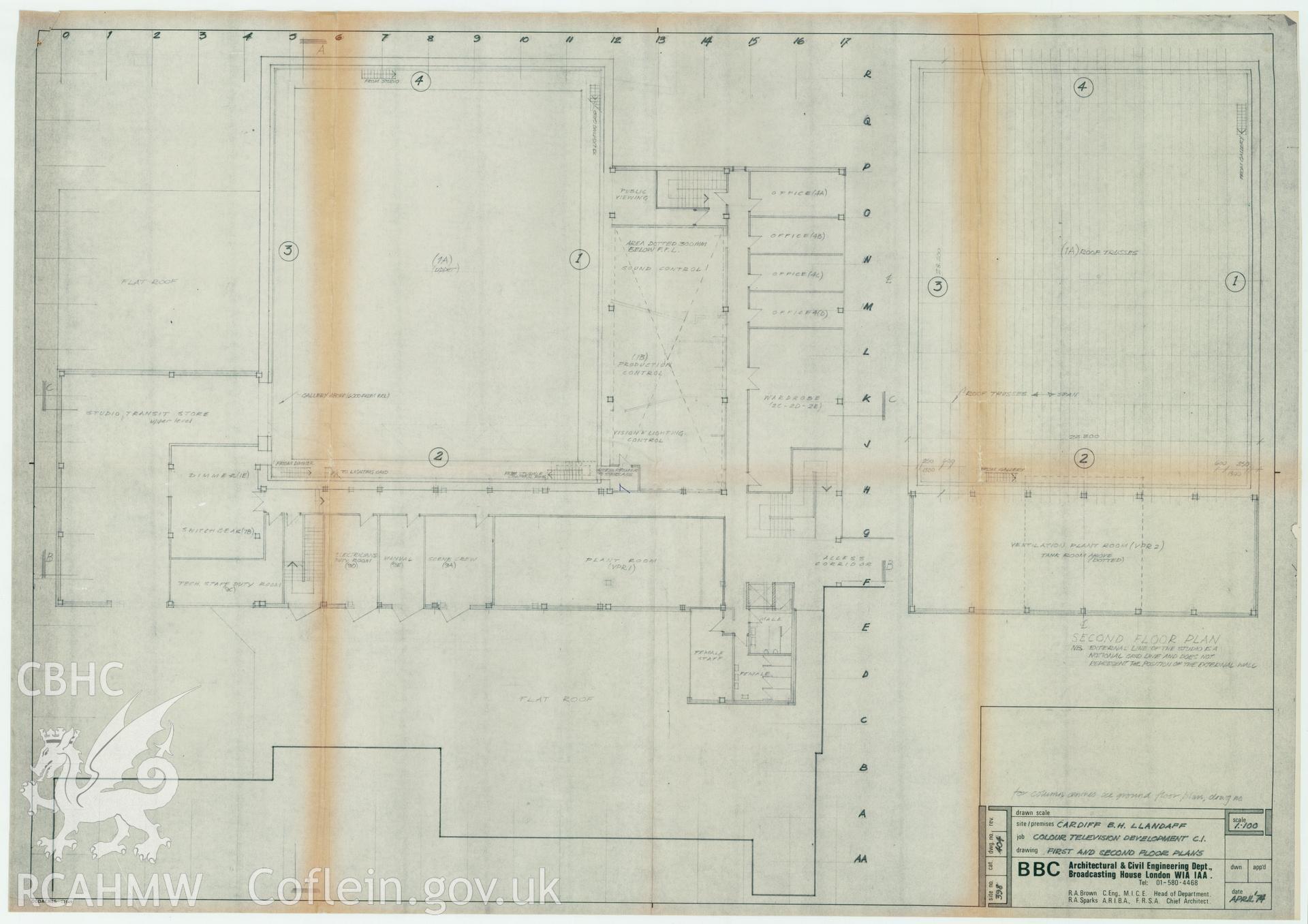 Digitised drawing plan of Llandaff production studio C1- Colour TV development. First and second floor plan. Drawing no. 404, April 1974.