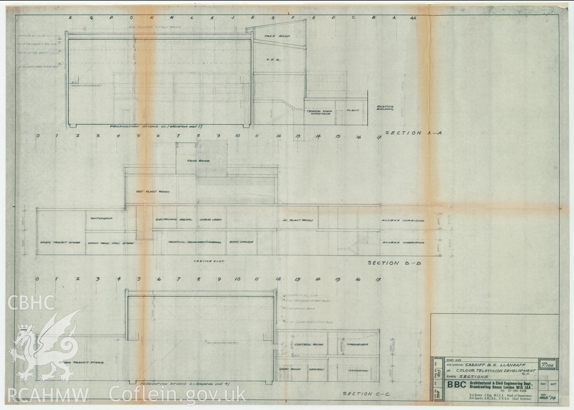 Digitised drawing plan of Llandaff production studio C1 - Colour TV development. Section. Drawing no. 405, March 1974.