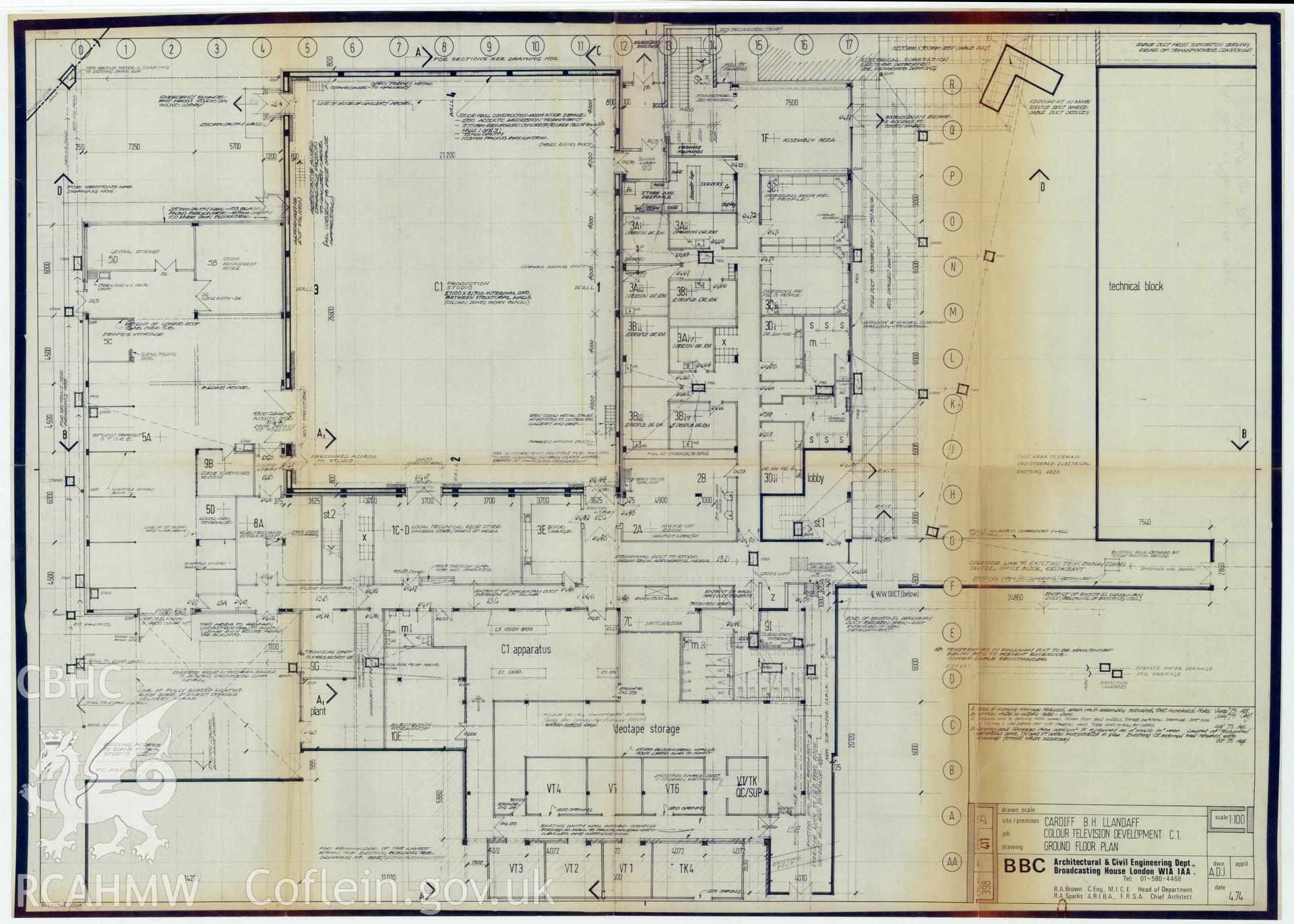 Digitised drawing plan of Llandaff production studio C1 - Colour TV development. Ground floor plan. Drawing no. 411D, April 1974.